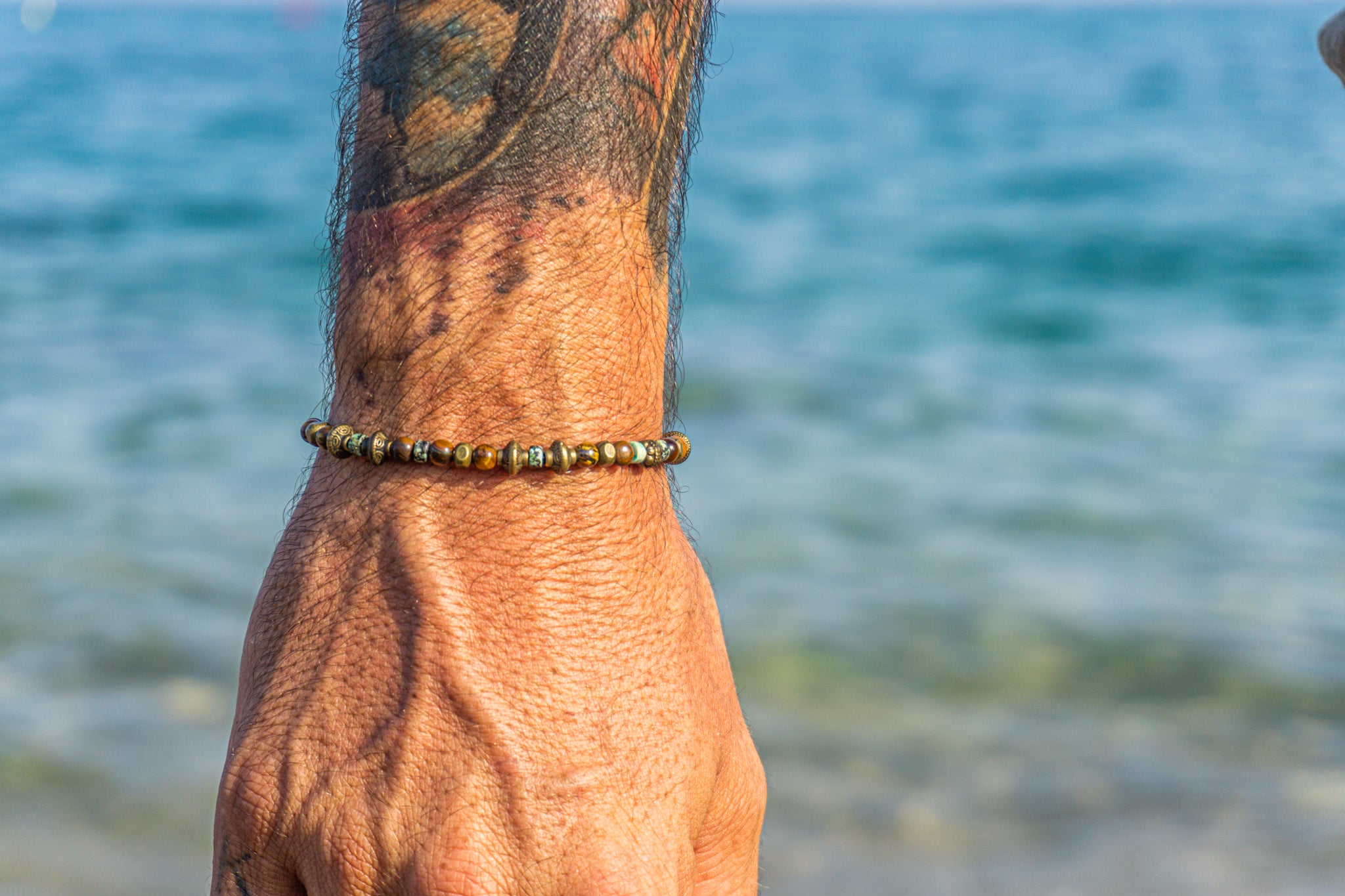 mens tiger eye and green jasper  beads bracelet- wander jewellery