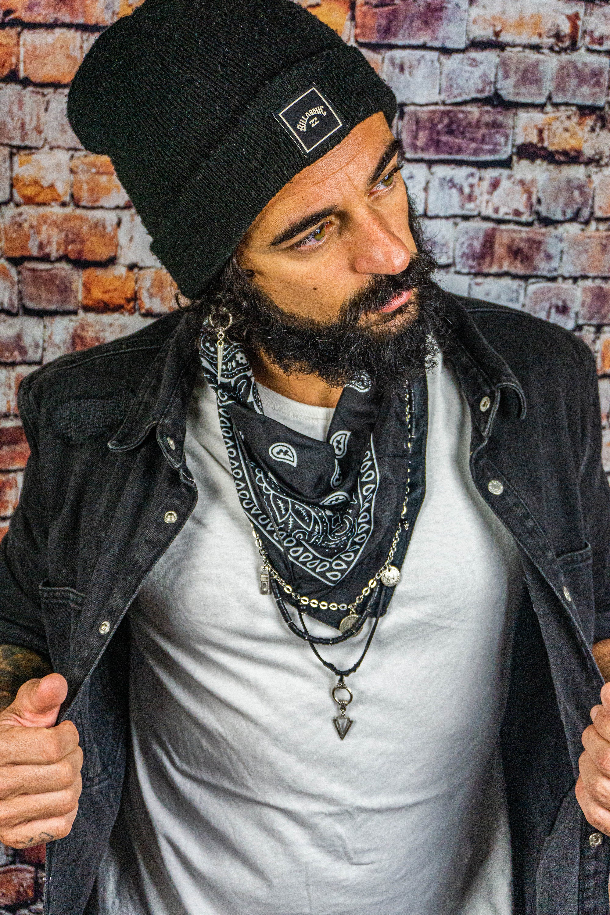 black bandana necklace made of stainless steel chain strand, black leather strand with pendant and black coconut strand