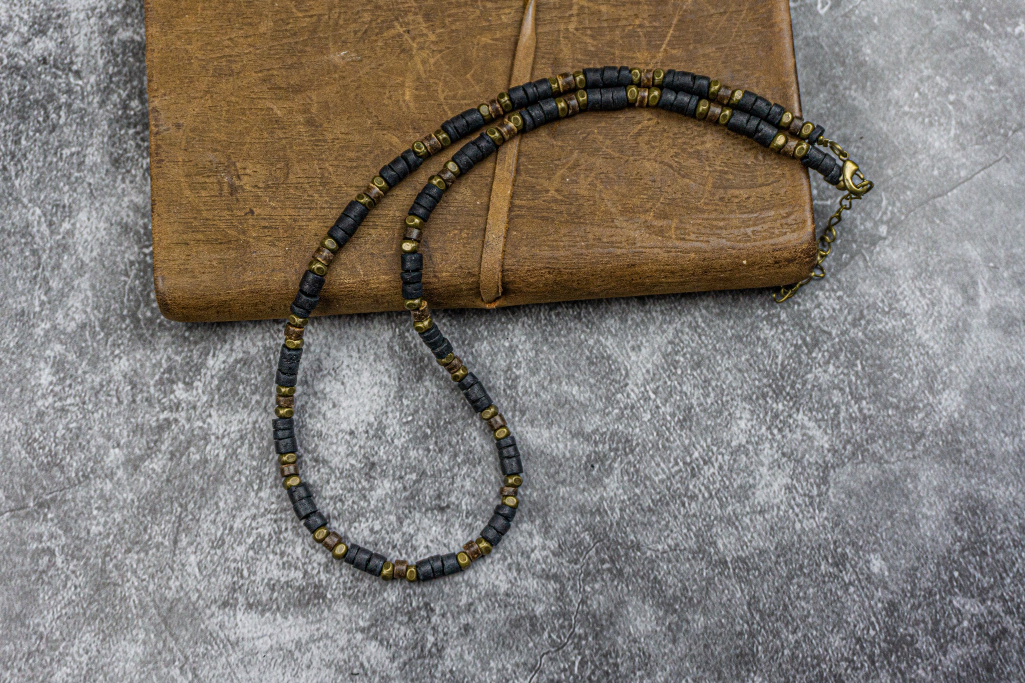 black brown coconut and bronze details surfer necklace- wander jewellery