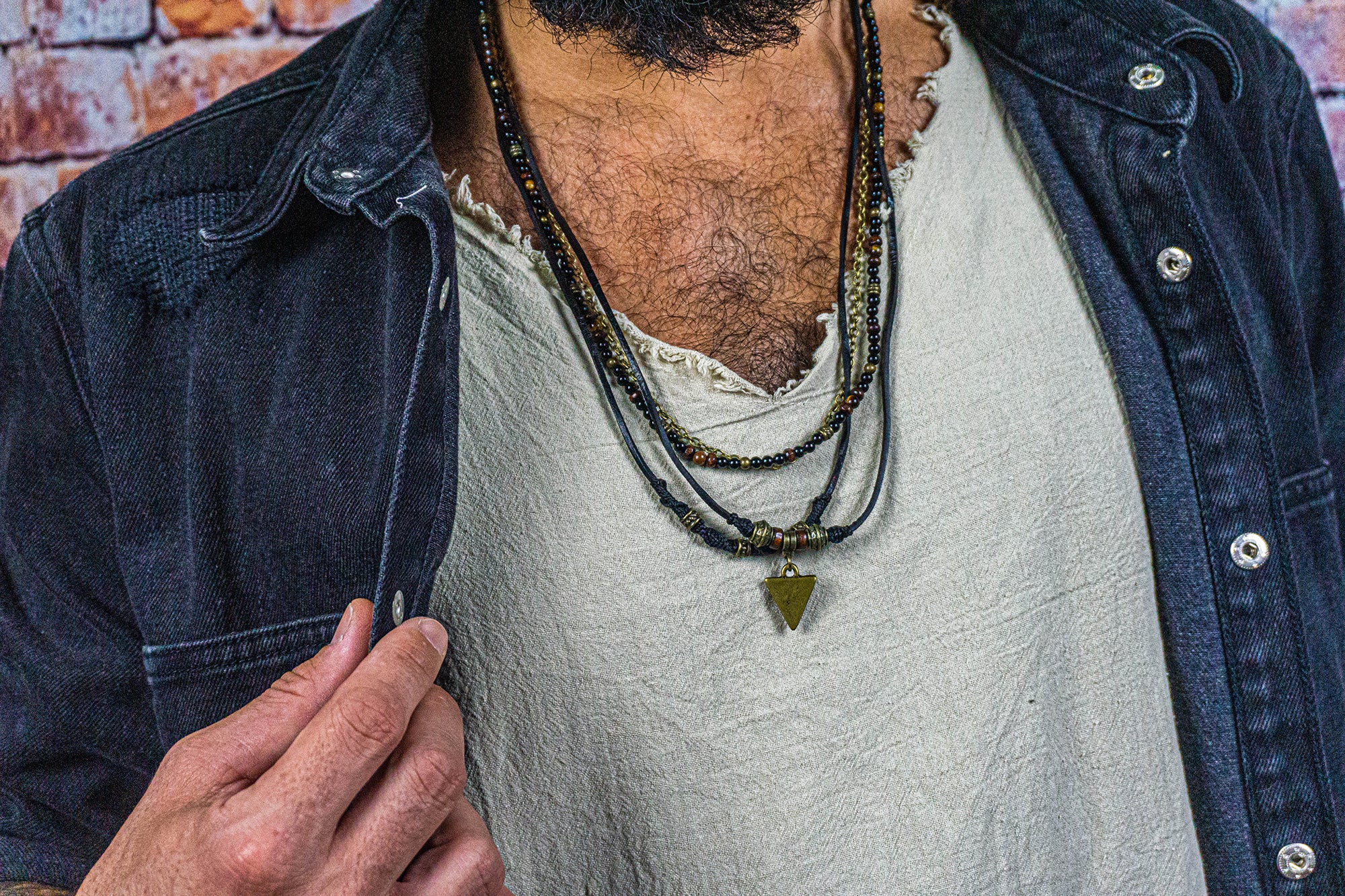 mens layered boho rockstar leather and gemstone necklace set