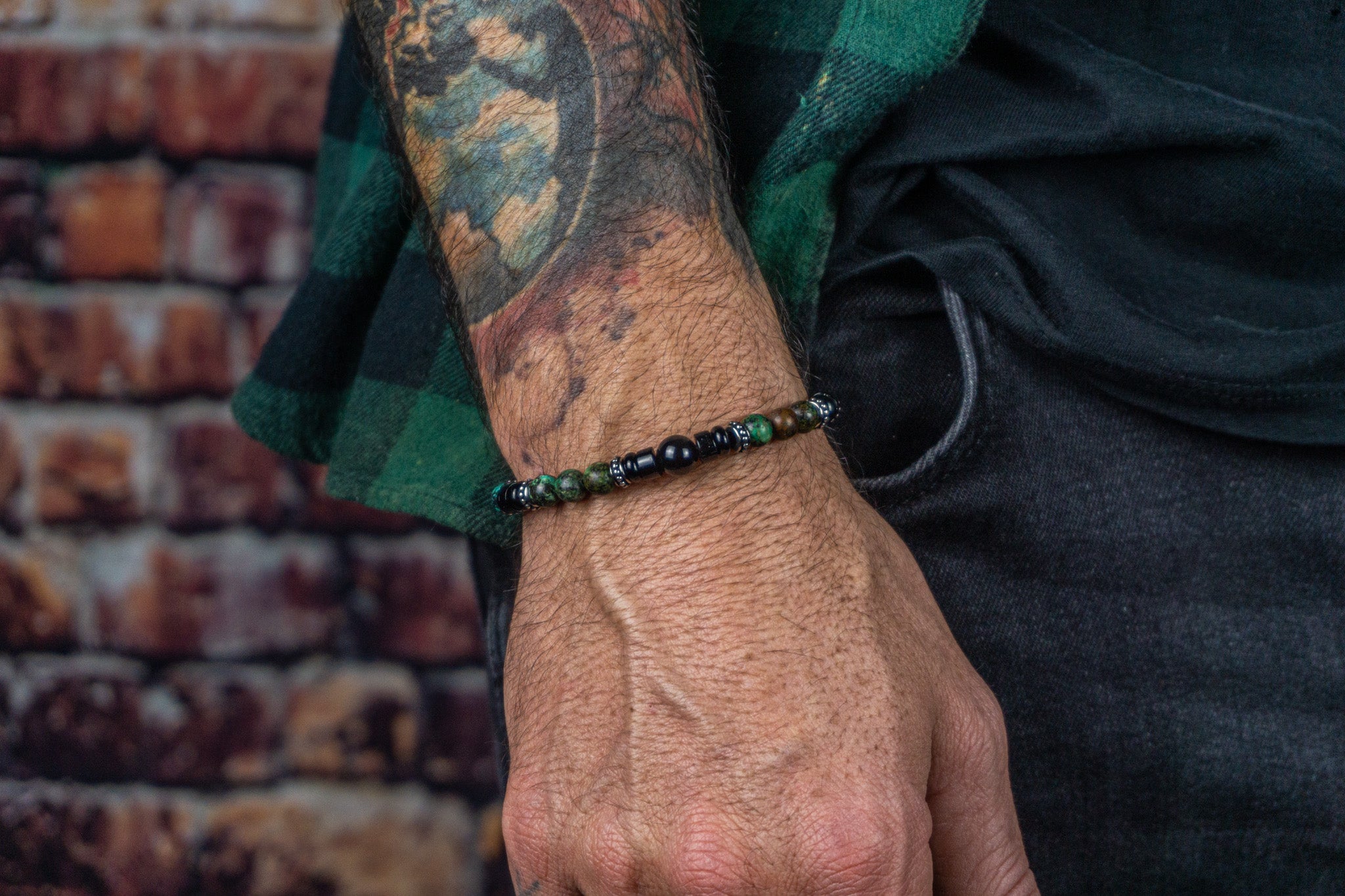 black onyx and green african turquoise and stainless steel beaded bracelet for men
