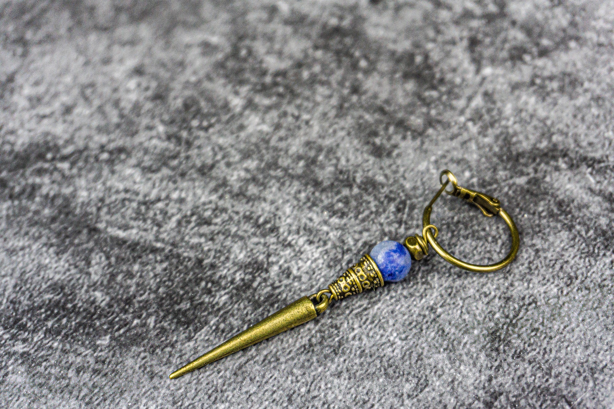 long bronze dangle spike hoop earring with sodalite gemstone