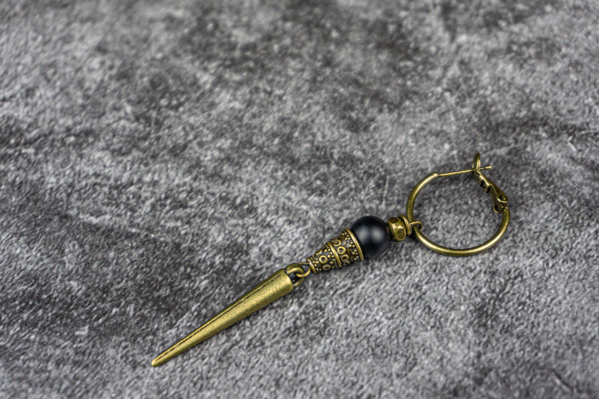 long bronze dangle spike hoop earring with lava stone gemstone bead