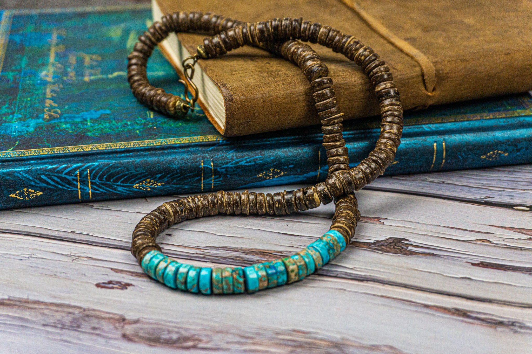 coconut shell and turquoise Imperial Jasper gemstone beads necklace- wander jewellery