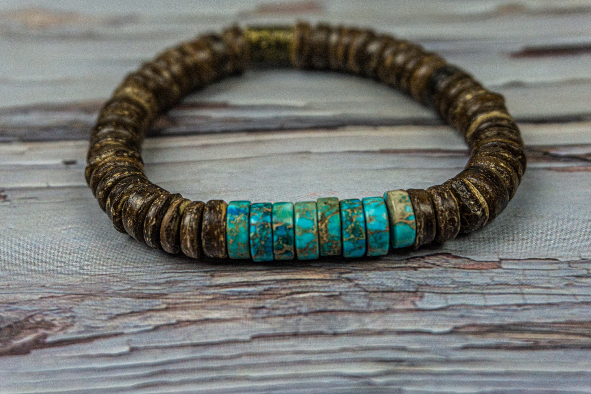 coconut shell and jasper turquoise gemstone bracelet for men- wander jewellery