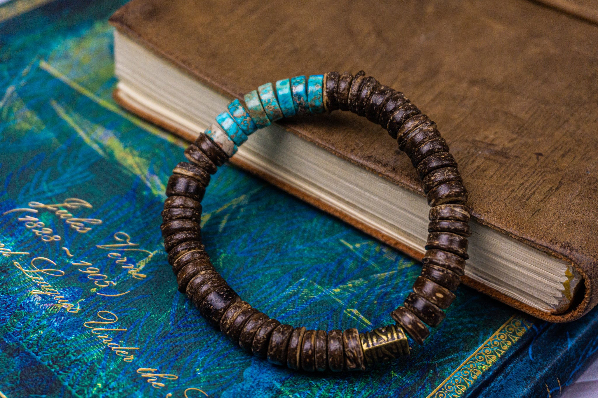 coconut shell and turquoise gemstone bracelet - wander jewellery