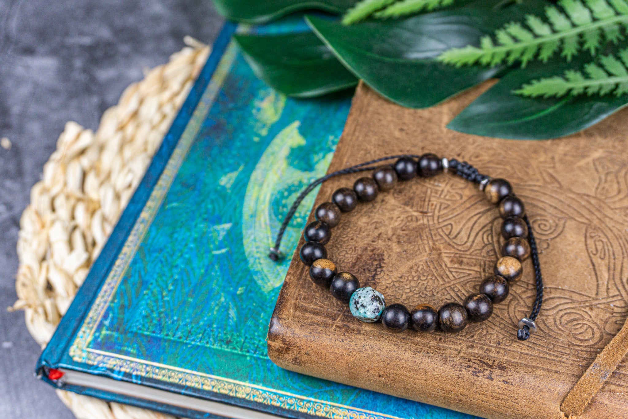 ebony wood beaded bracelet with cental kiwi jasper gemstone bead