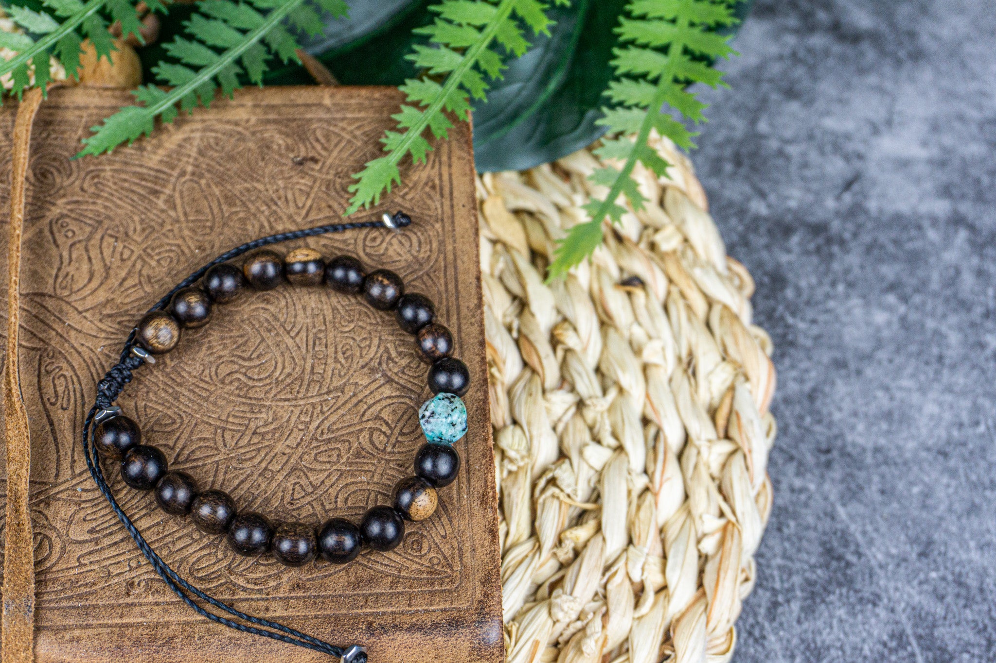 ebony wood beaded bracelet for men with cental kiwi jasper gemstone bead