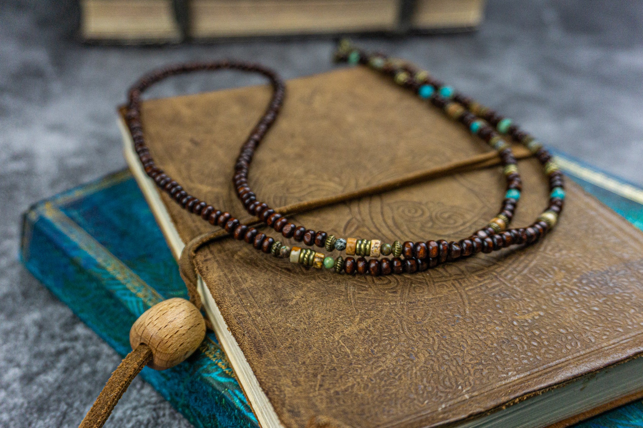 wooden beaded and turquoise and jaspergemstone eyeglasses chain holder- wander jewellery