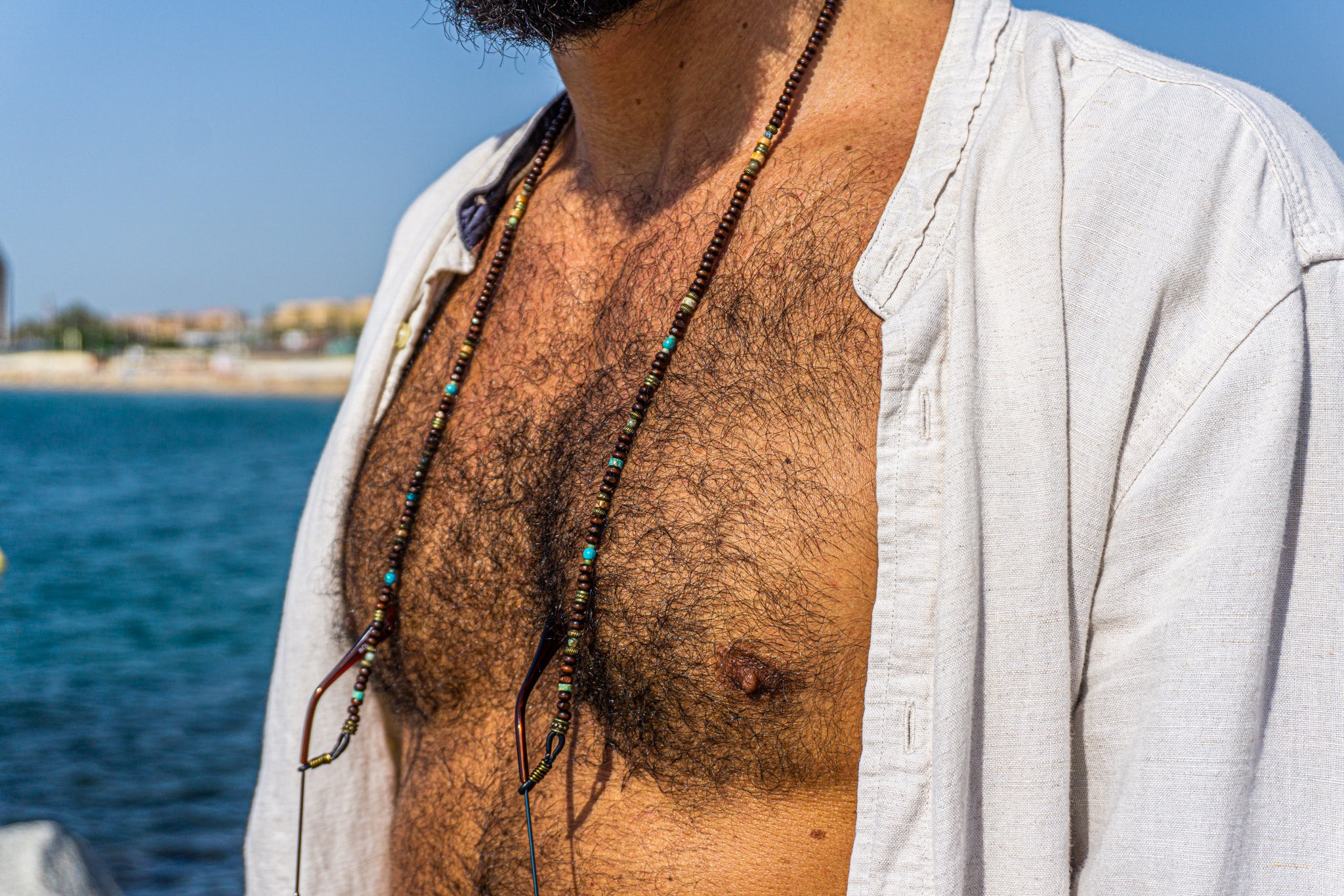 mens wooden beaded and turquoise and jaspergemstone sunglasses chain holder- wander jewellery