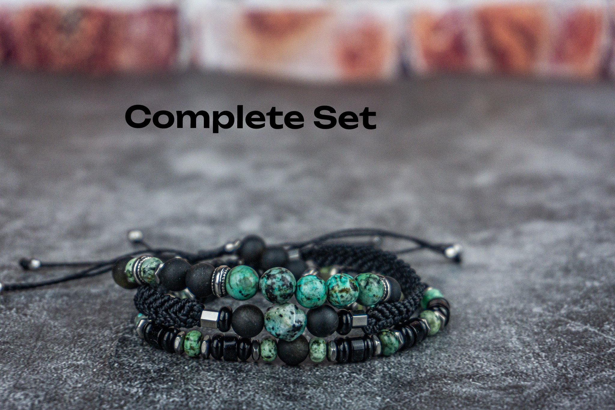 black onyx and obsidian and green african turquoise jasper beaded macrame bracelet set of 3- wander jewellery