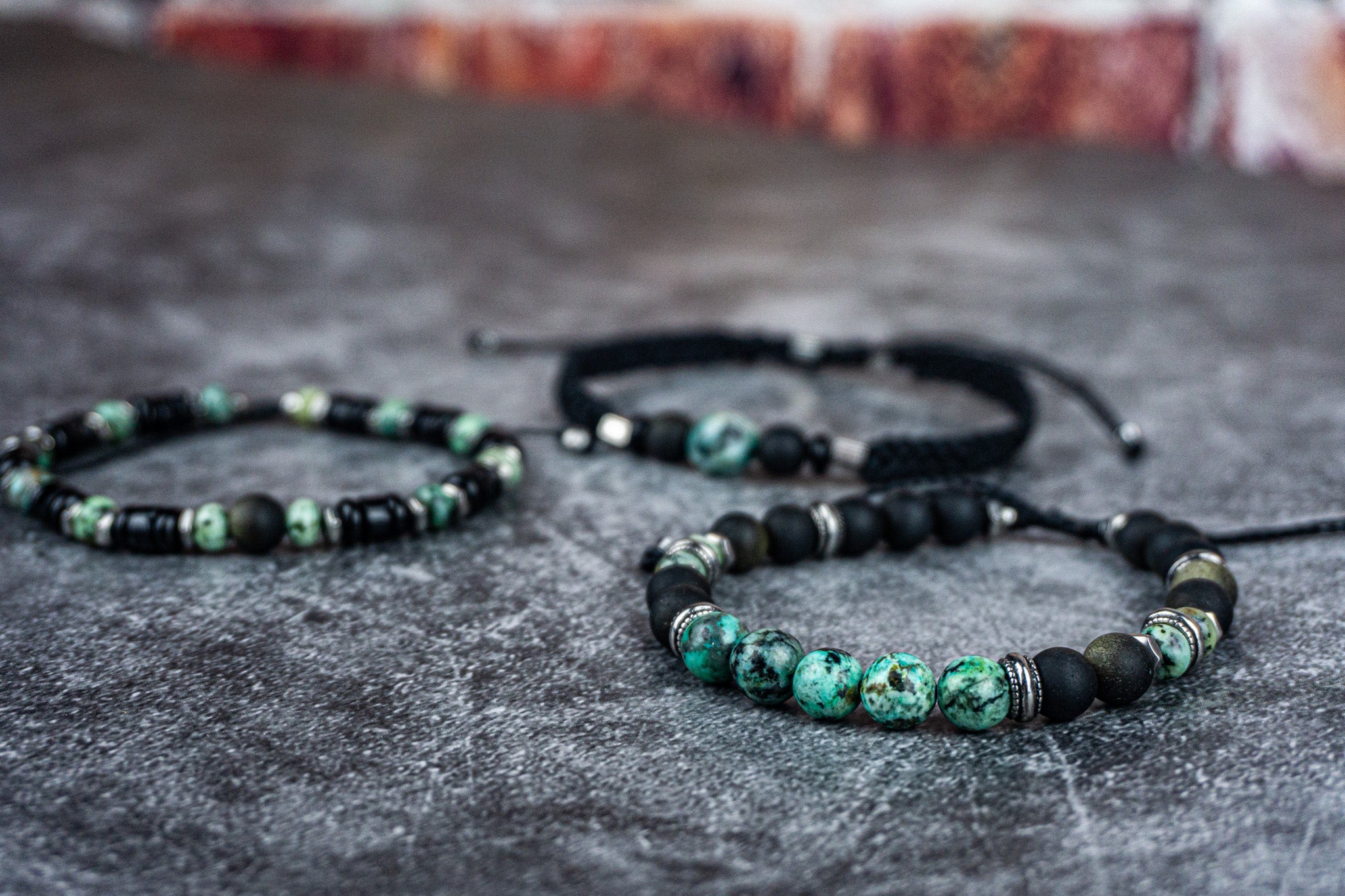 black onyx and obsidian and green african turquoise jasper beaded braceleta  wander jewellery