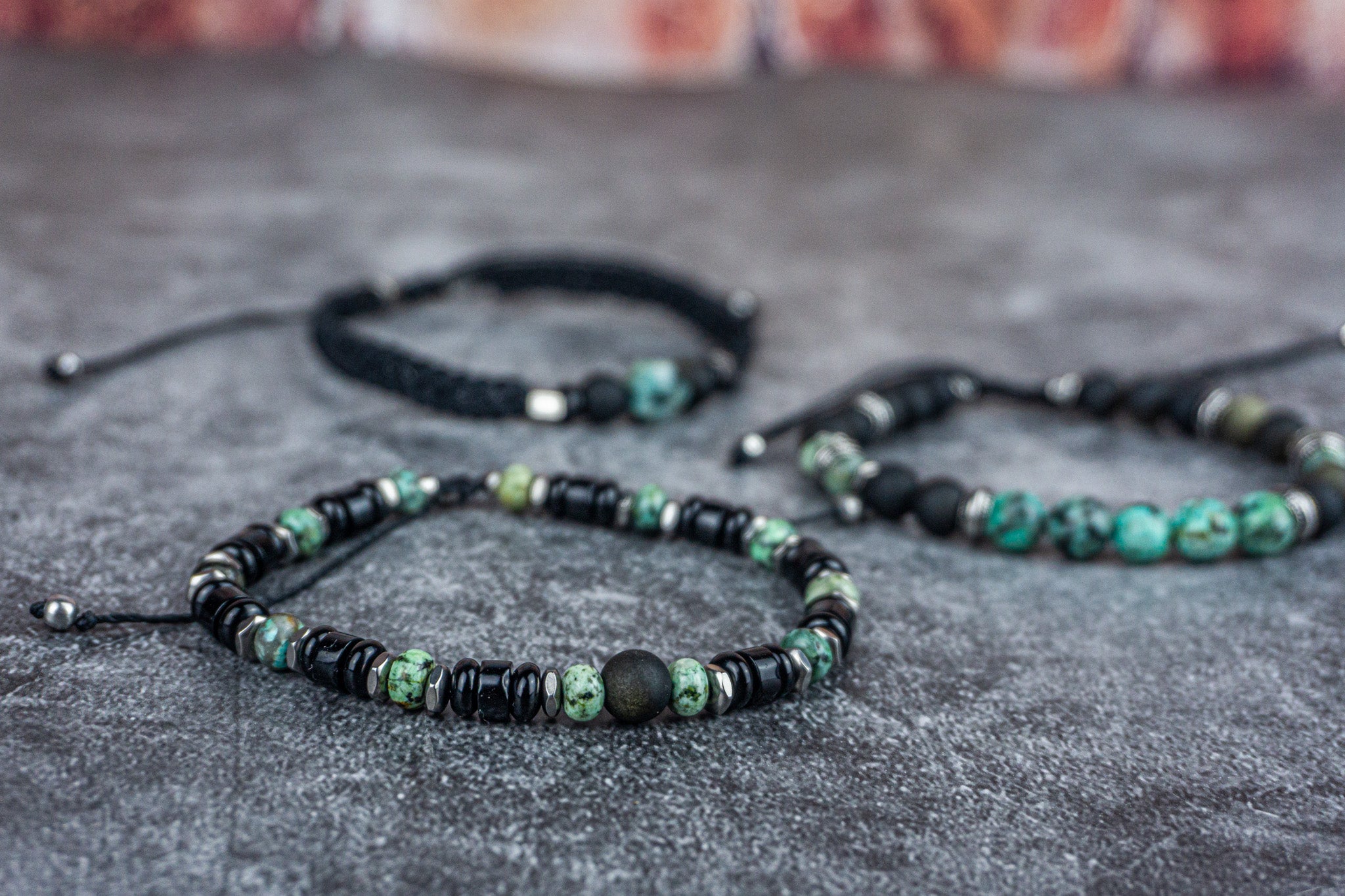 onyx and obsidian and green african turquoise jasper beaded bracelet set of 3- wander jewellery