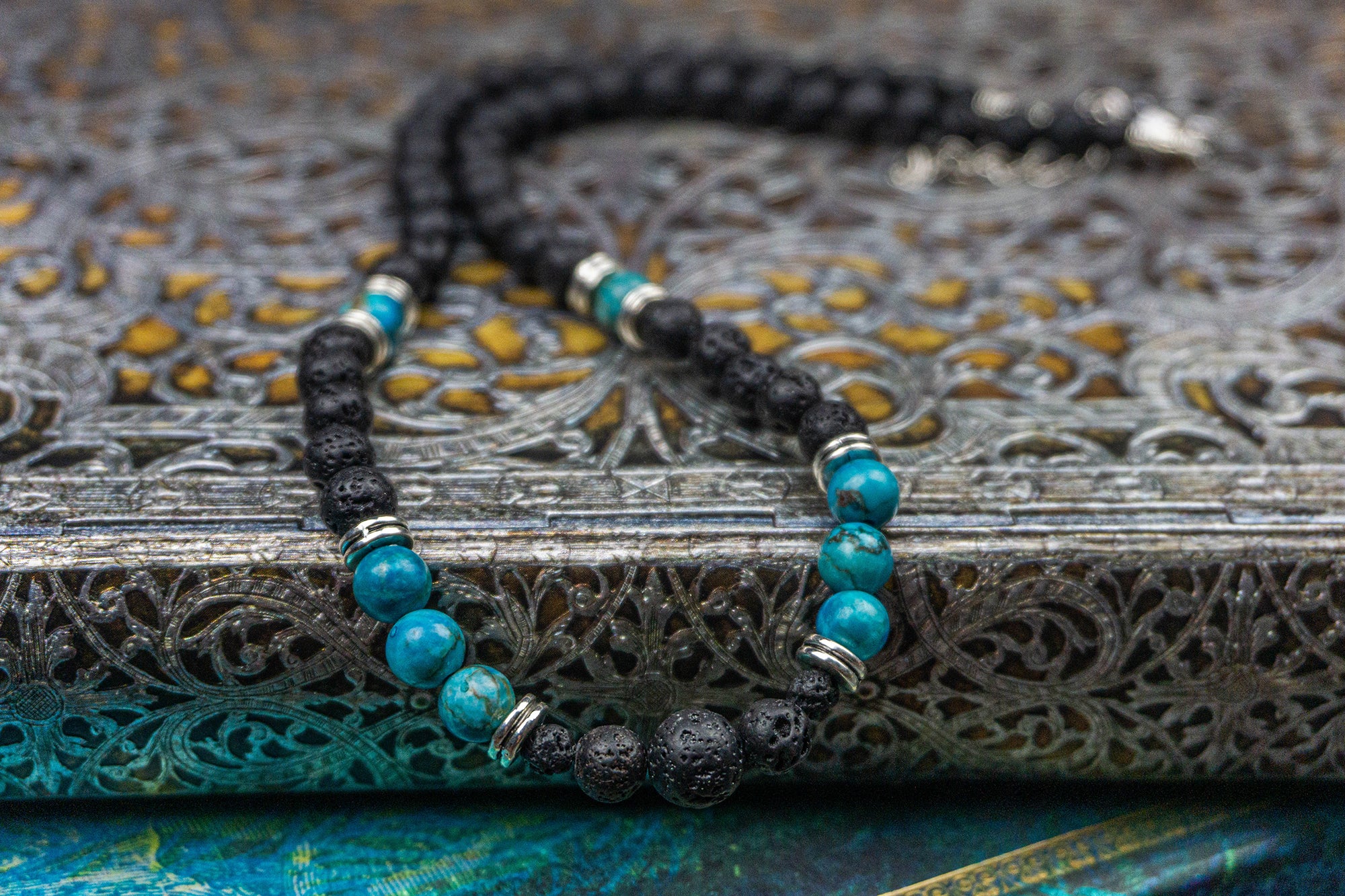 lava stone and turquoise ocean jasper gemstone beaded necklace with silver spacer beads- wander jewellery