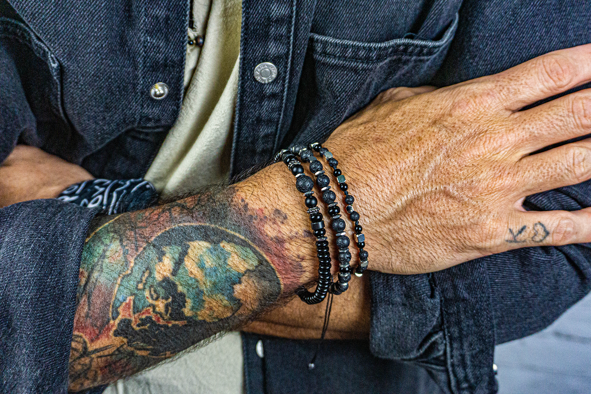 all black onyx and lava stone beaded bracelet set of 3