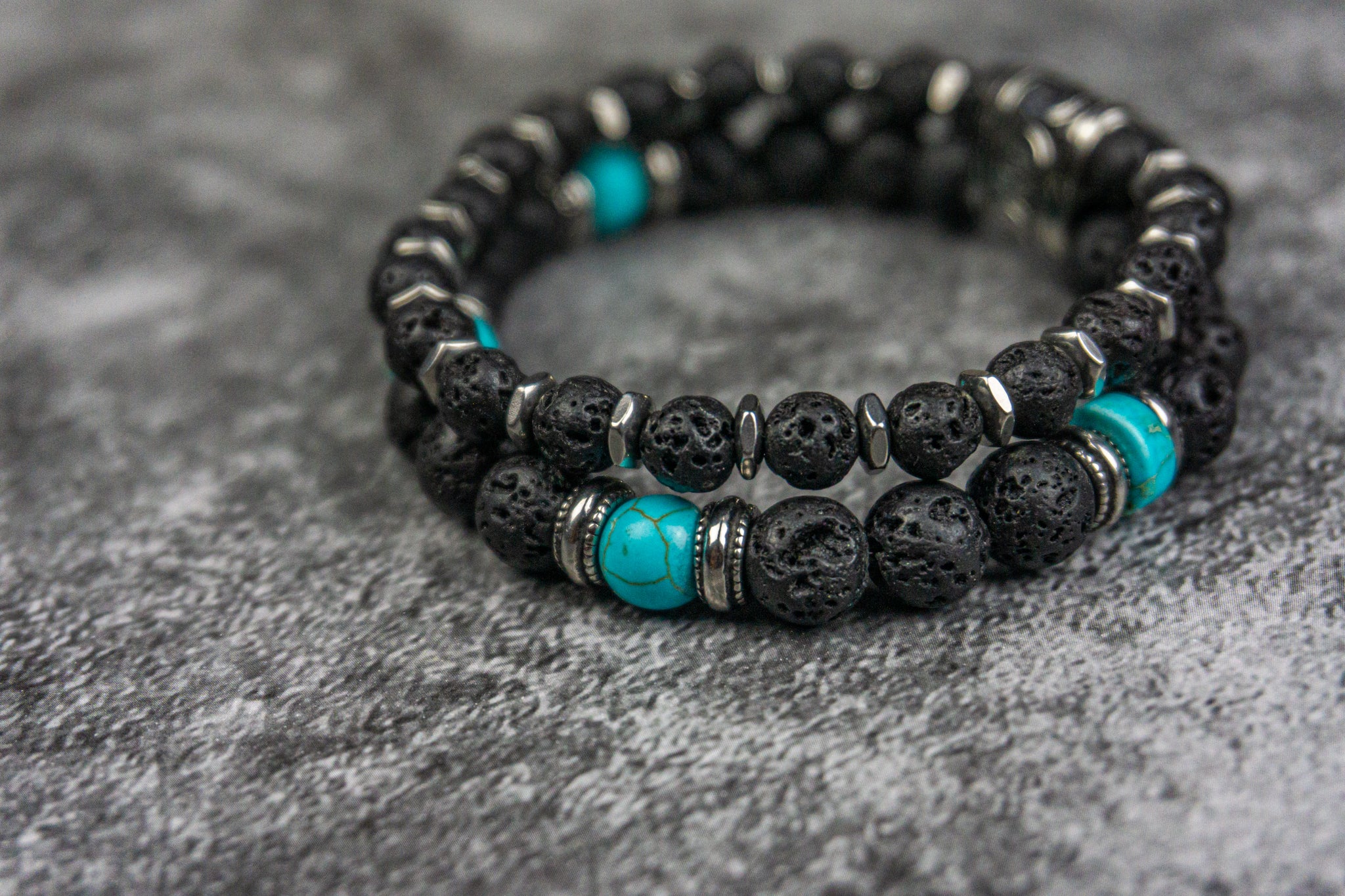 double bracelet set with lava stone, tuquoise and stainless steel beads- wander jewellery