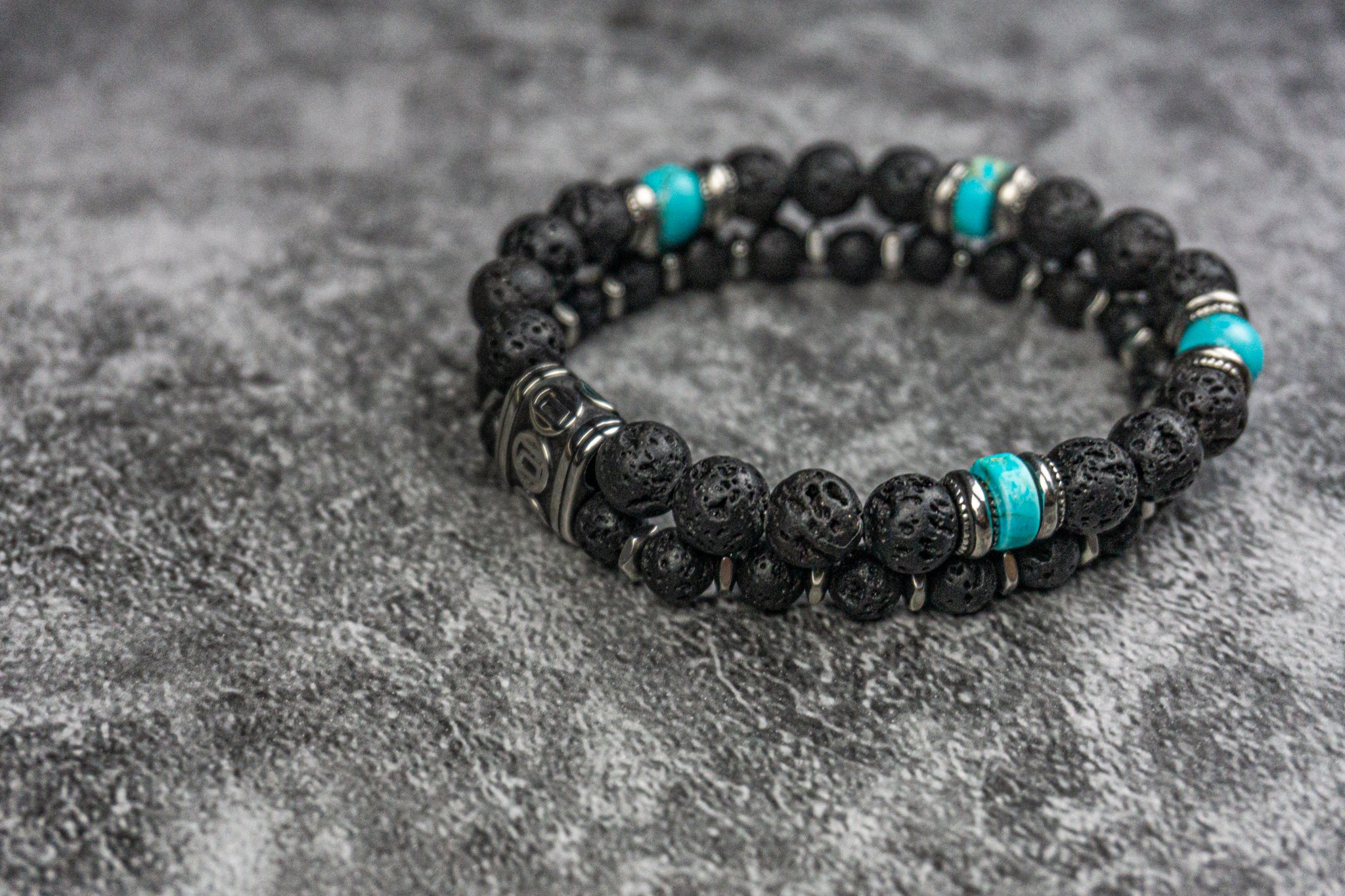 double bracelet set with lava , tuquoise and stainless steel beads- wander jewellery