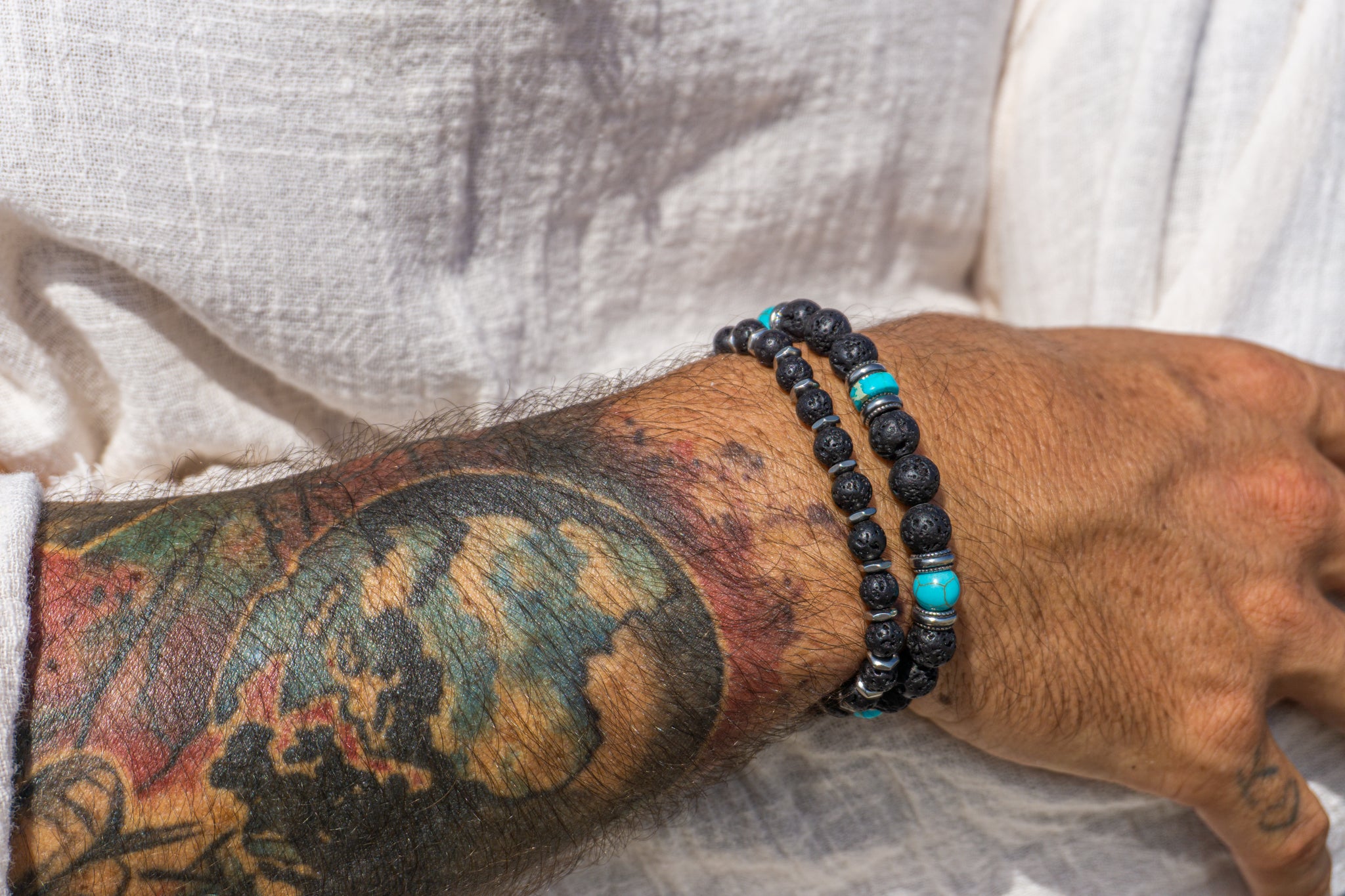 mens  bracelet set with lava stone, tuquoise and stainless steel beads- wander jewellery