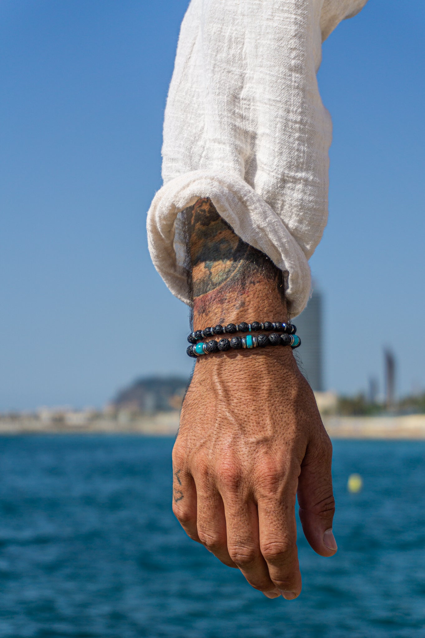 mens double bracelet set with lava stone, tuquoise and stainless steel beads- wander jewellery