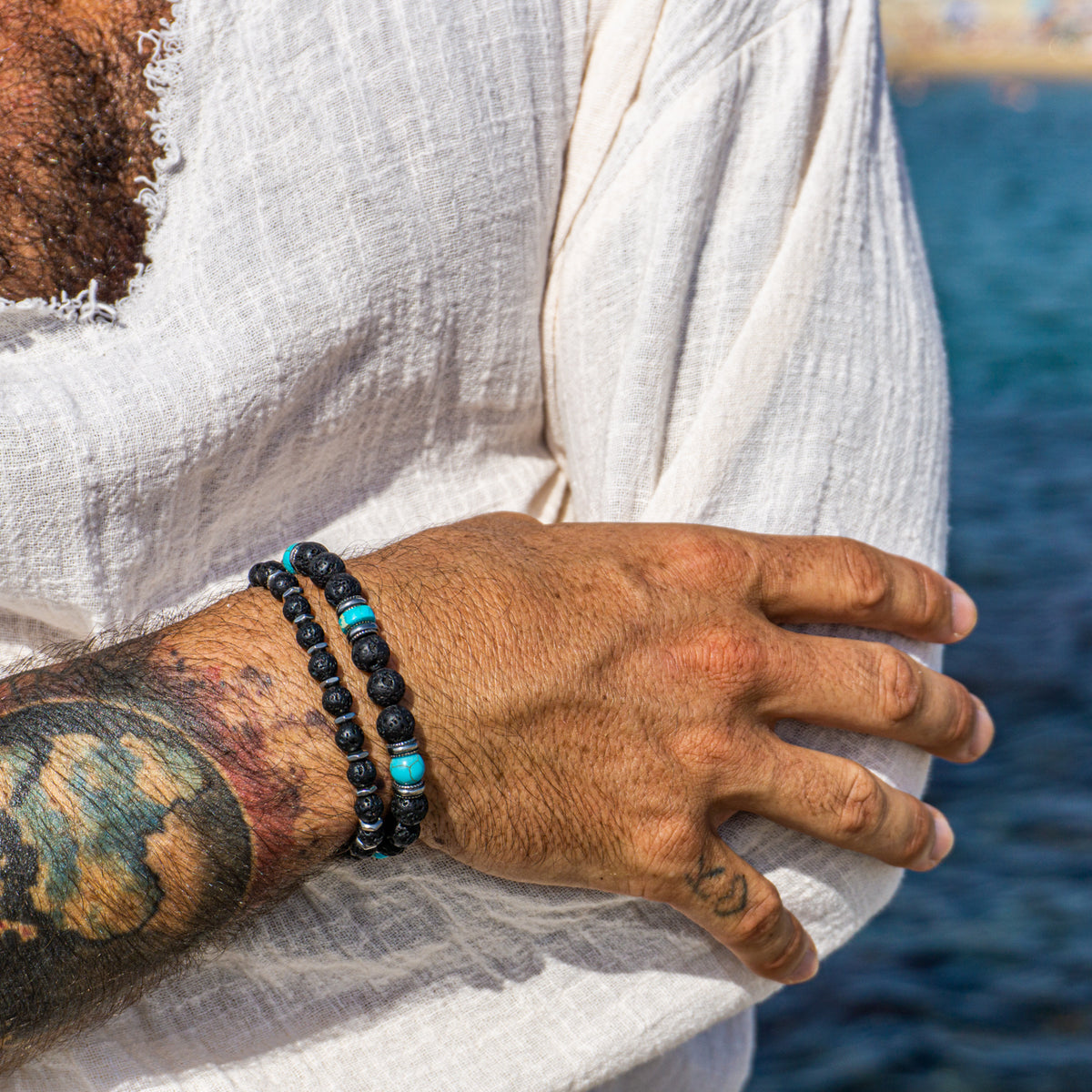 MiniJewelry Turquoise & Black Lava Stone Stretch Bracelets - 7 Inch Beaded Bracelets For Women, Men, Gifts