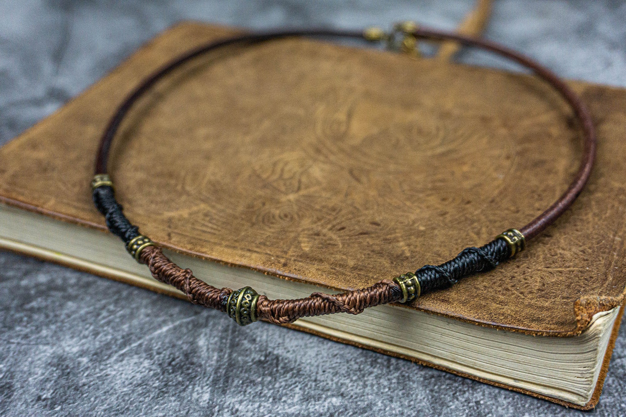 Choker Necklace Men's, Lava Rock Braided Leather Necklaces, Men Boho Hippie  Jewelry ,Oil Diffuser Surf Necklaces in Black