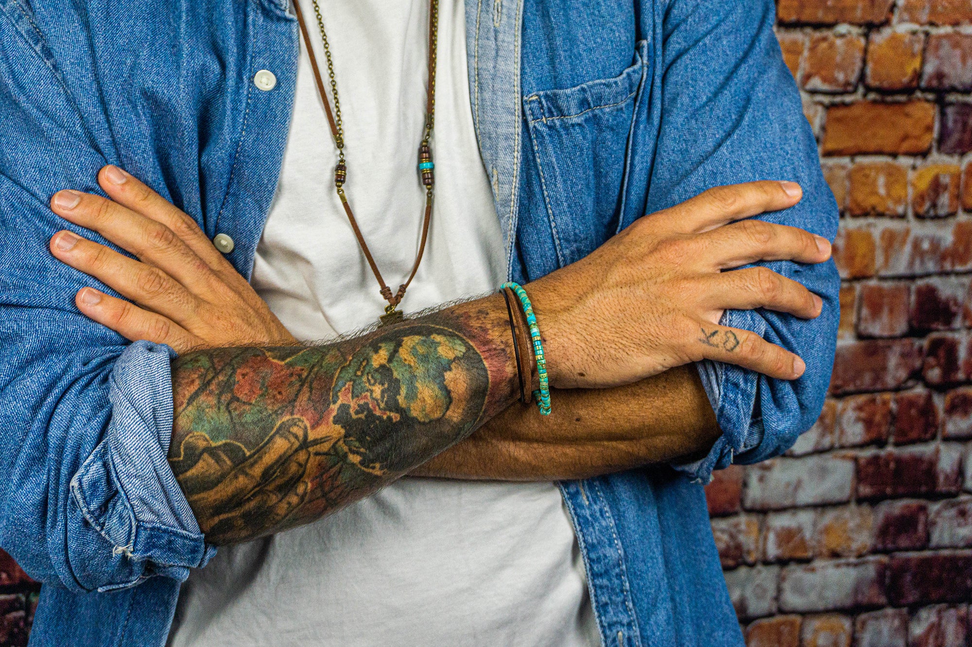 layered bracelet made of turquoise imperial jasper and leather for men