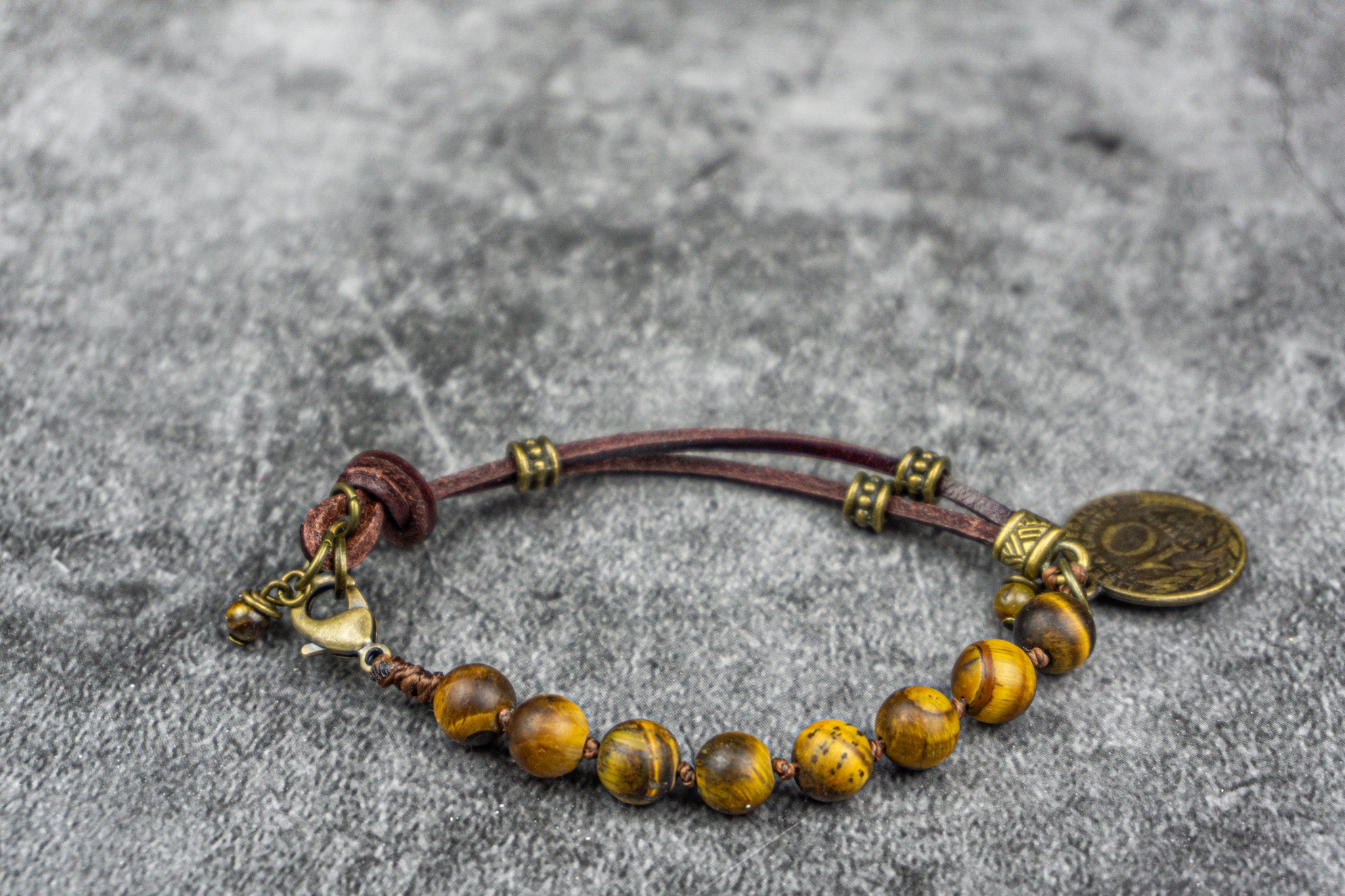 mens leather and tiger eye beaded coin charm bracelet