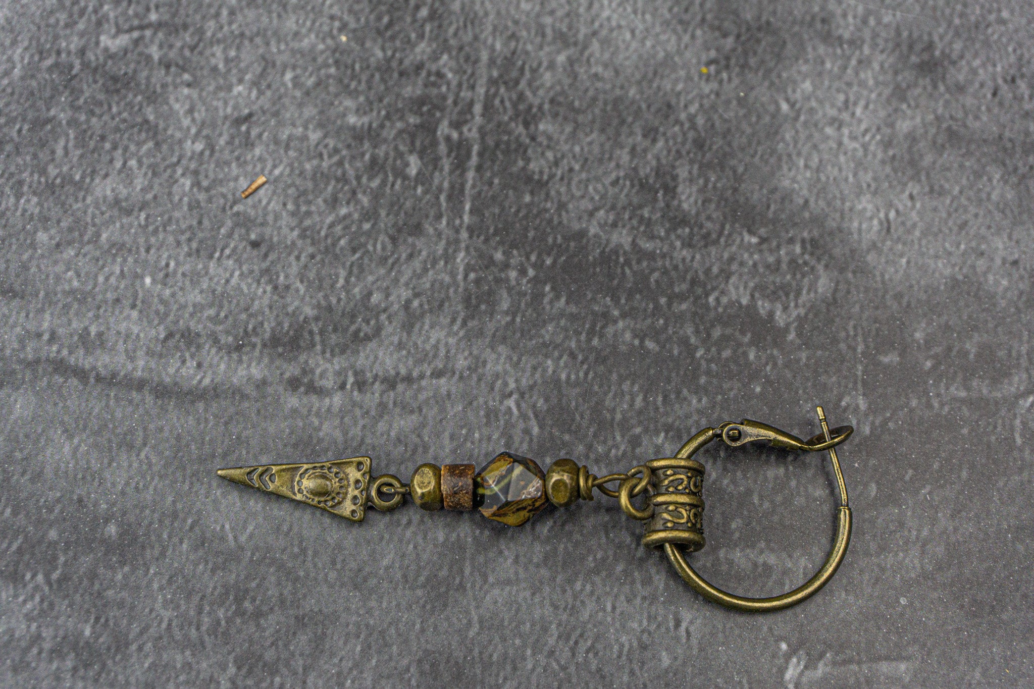 hoop broze earring with beaded dangle triangle pendant