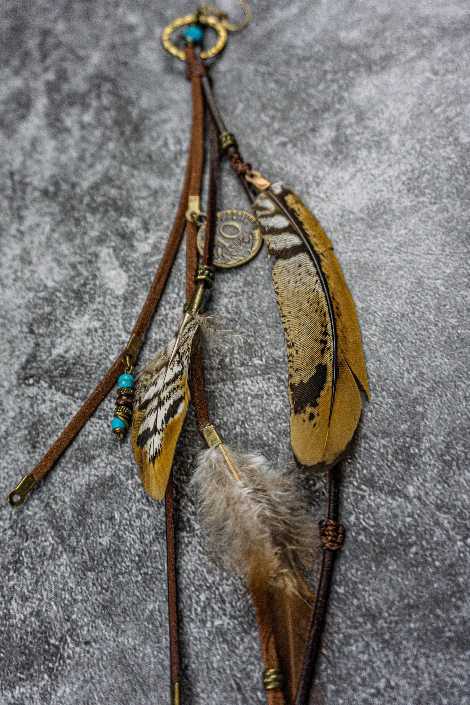 long earring made of leather and feathers and charm for festival- wander jewellery