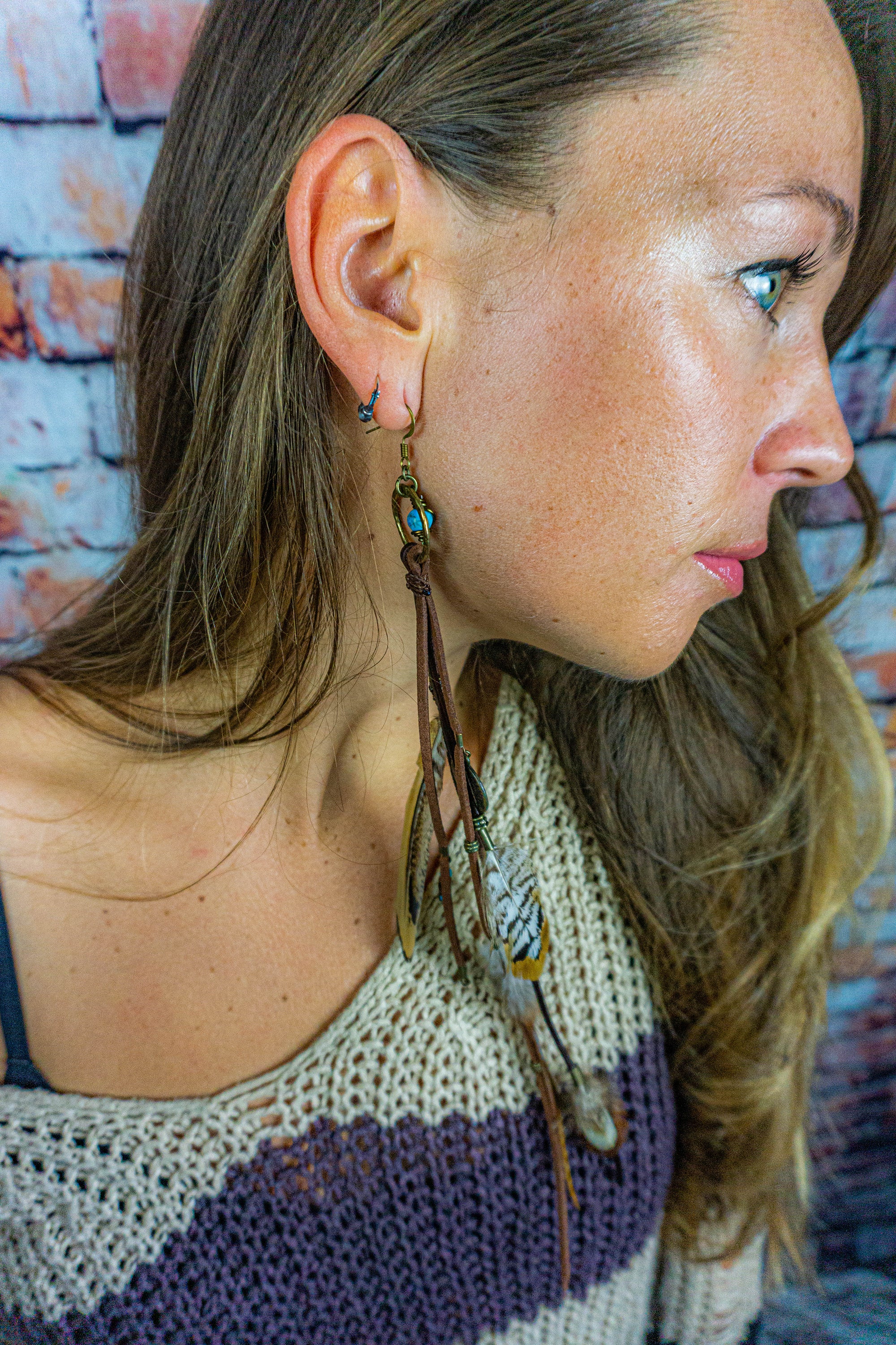 girls long bohemian earring made of leather and feathers-wander jewellery