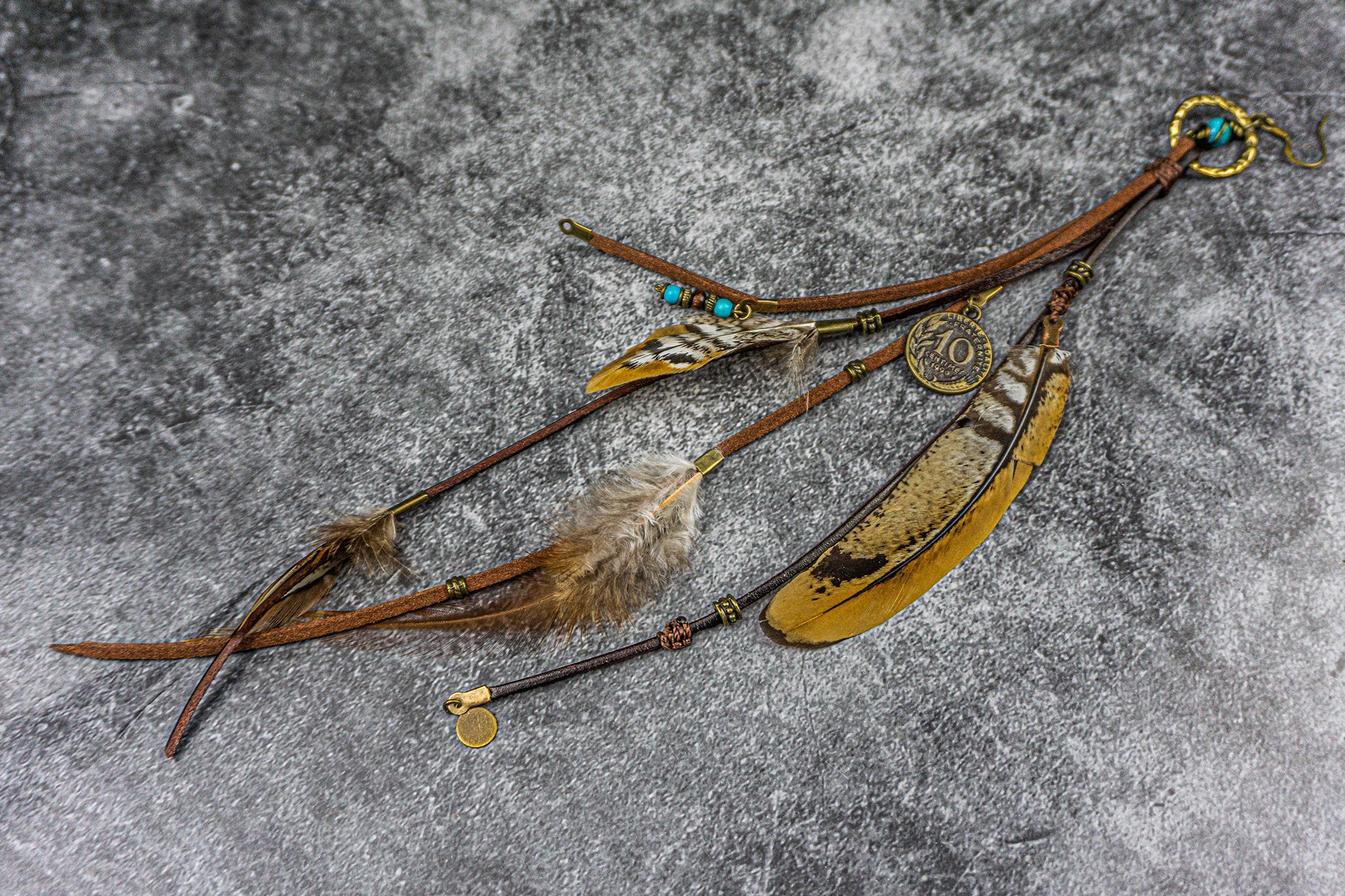 ong earring made of leather and feathers and charms-wander jewellery