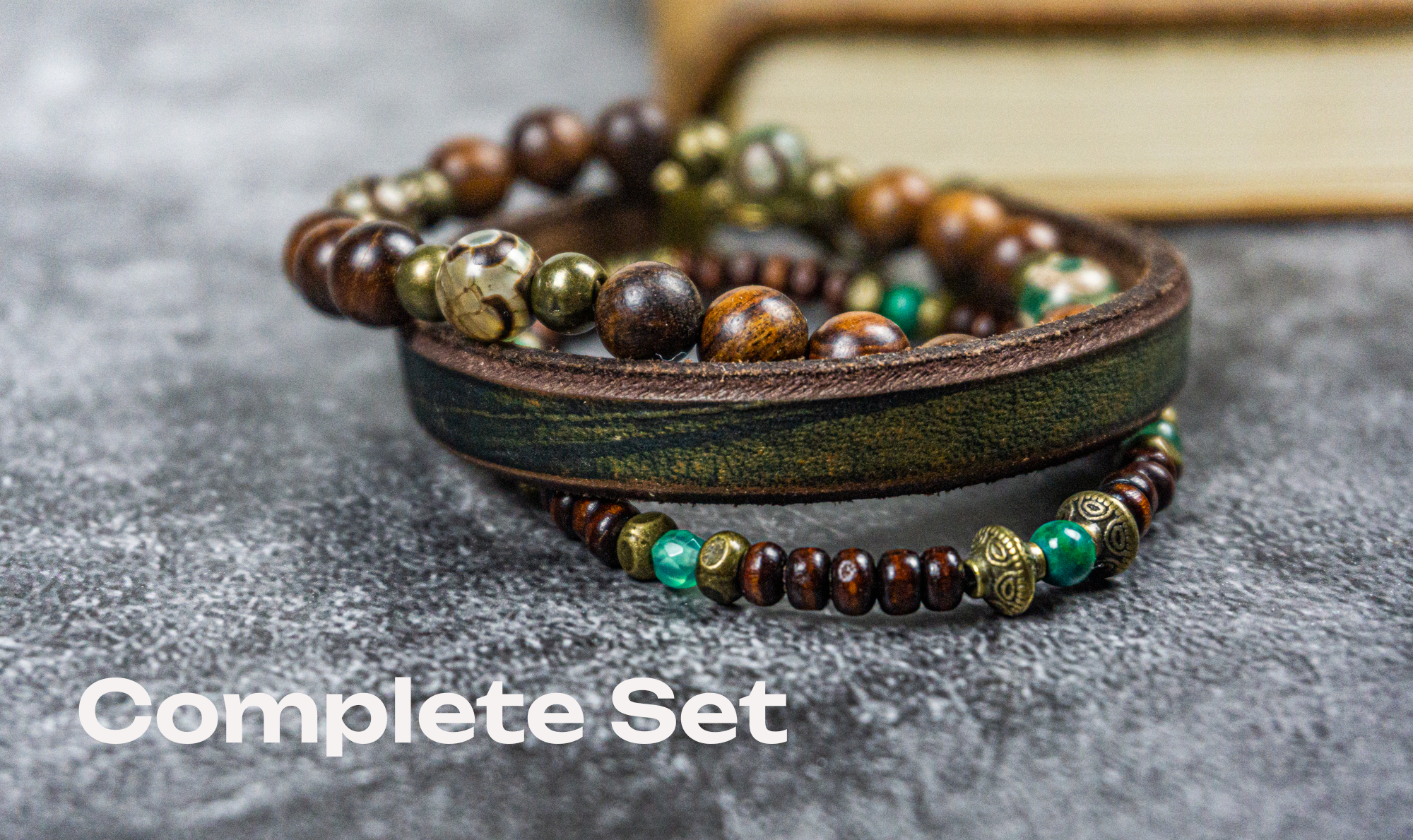 leather wood and gemstone stacking bracelet set