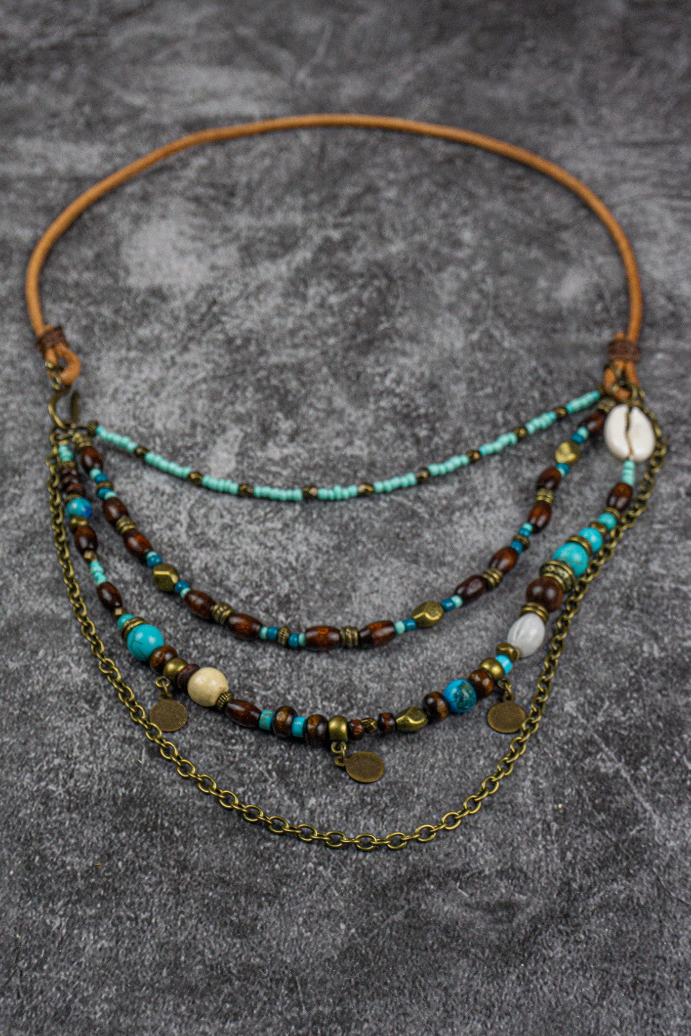 boho statement layering necklace set for women made of wood, turquoise bronze chain