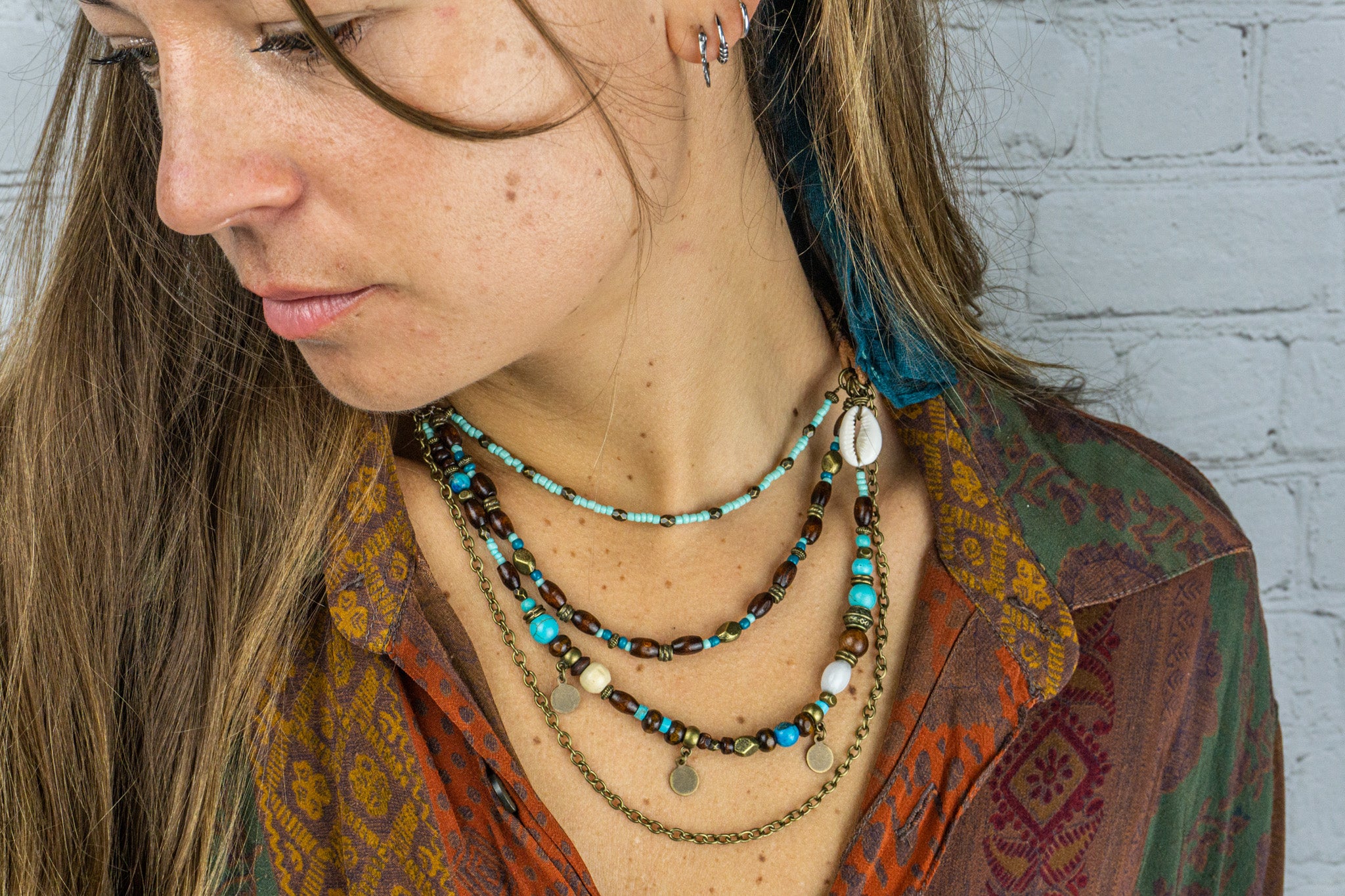 boho statement layered necklace set for women made of wood, turquoise bronze chain