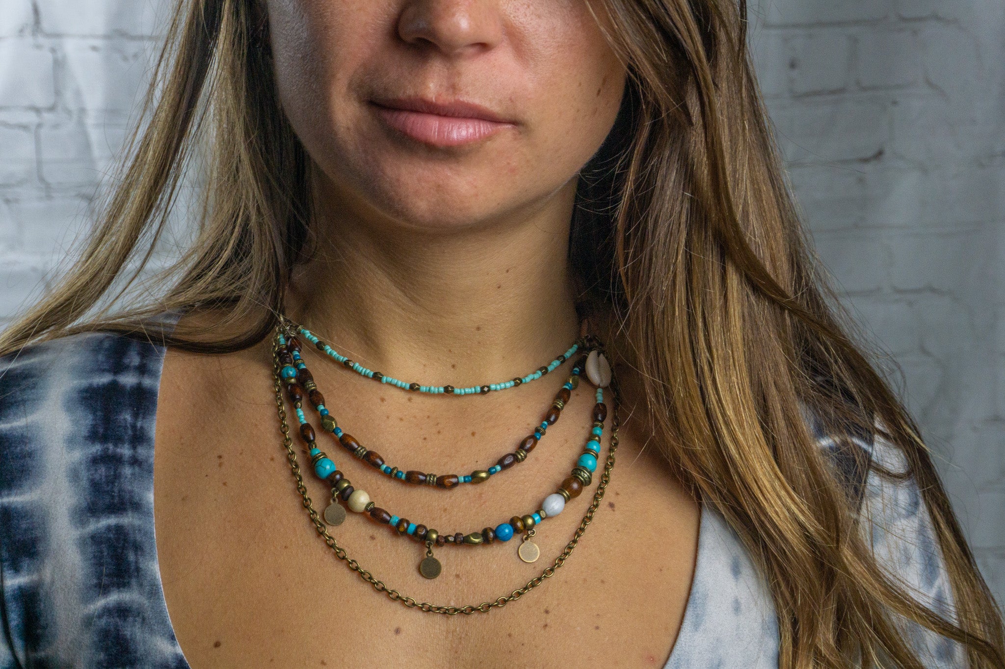 womens boho statement layered necklace set for women made of wood, turquoise bronze chain
