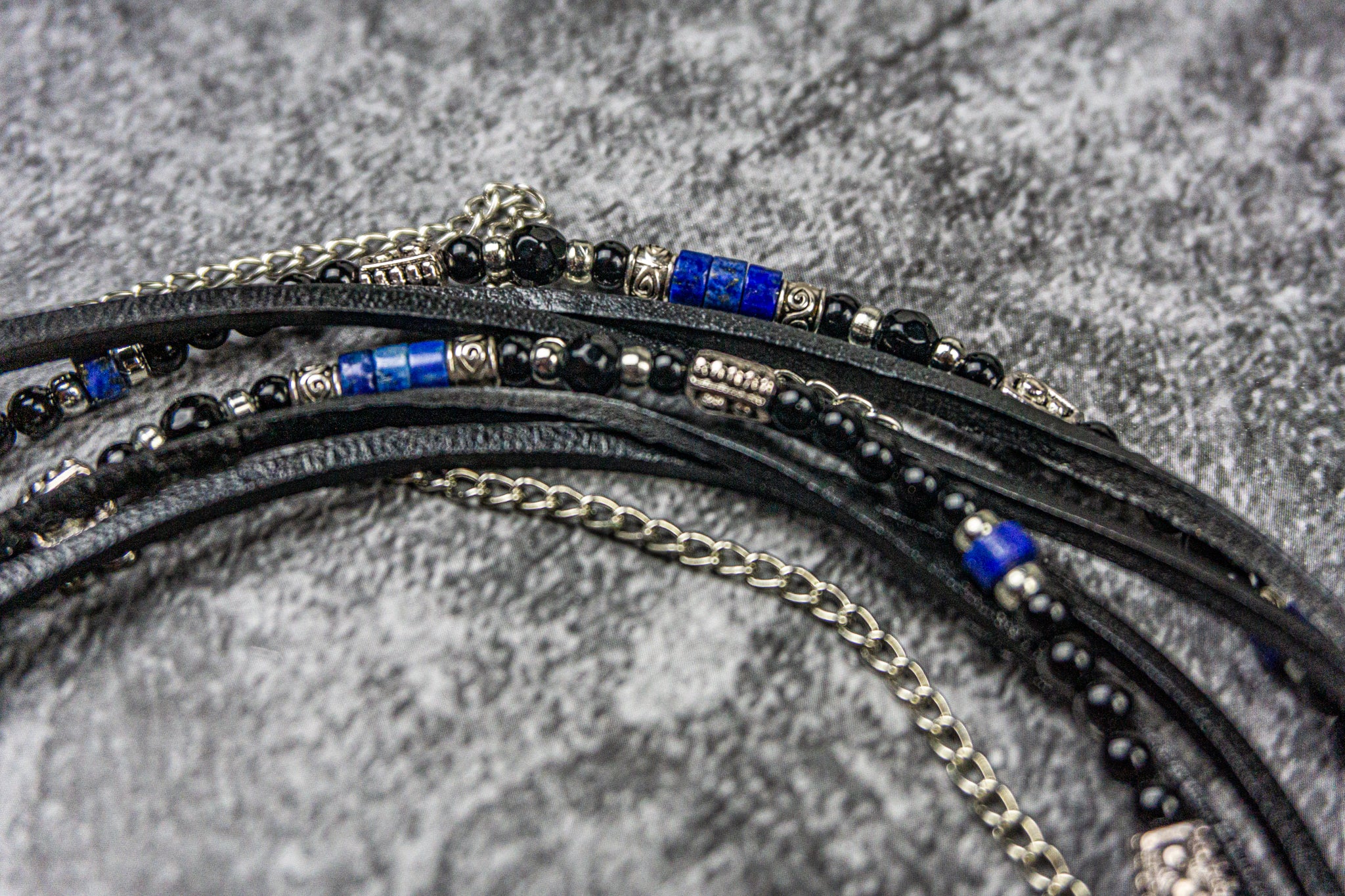black onyx, lapis lazuli gemstone, and chain wrap bracelet set_ wander jewellery