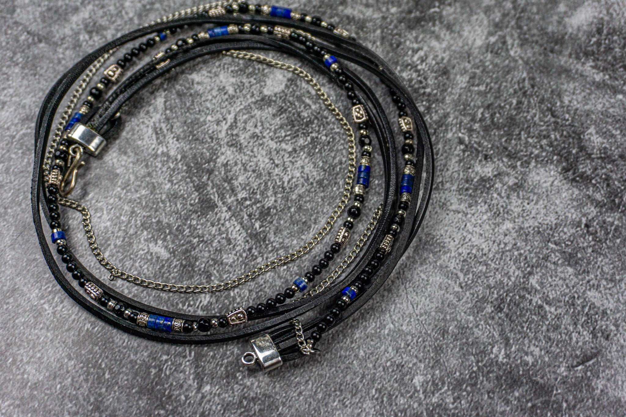 mens black leather onyx, lapis lazuli gemstone, and chain wrap bracelet set_ wander jewellery