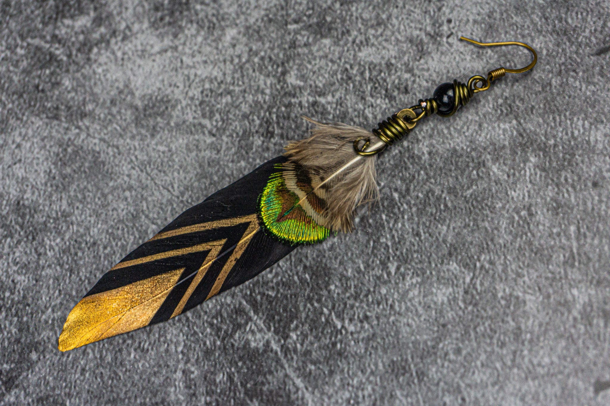 black gold feather earring with black gemstone- Wander Jewellery
