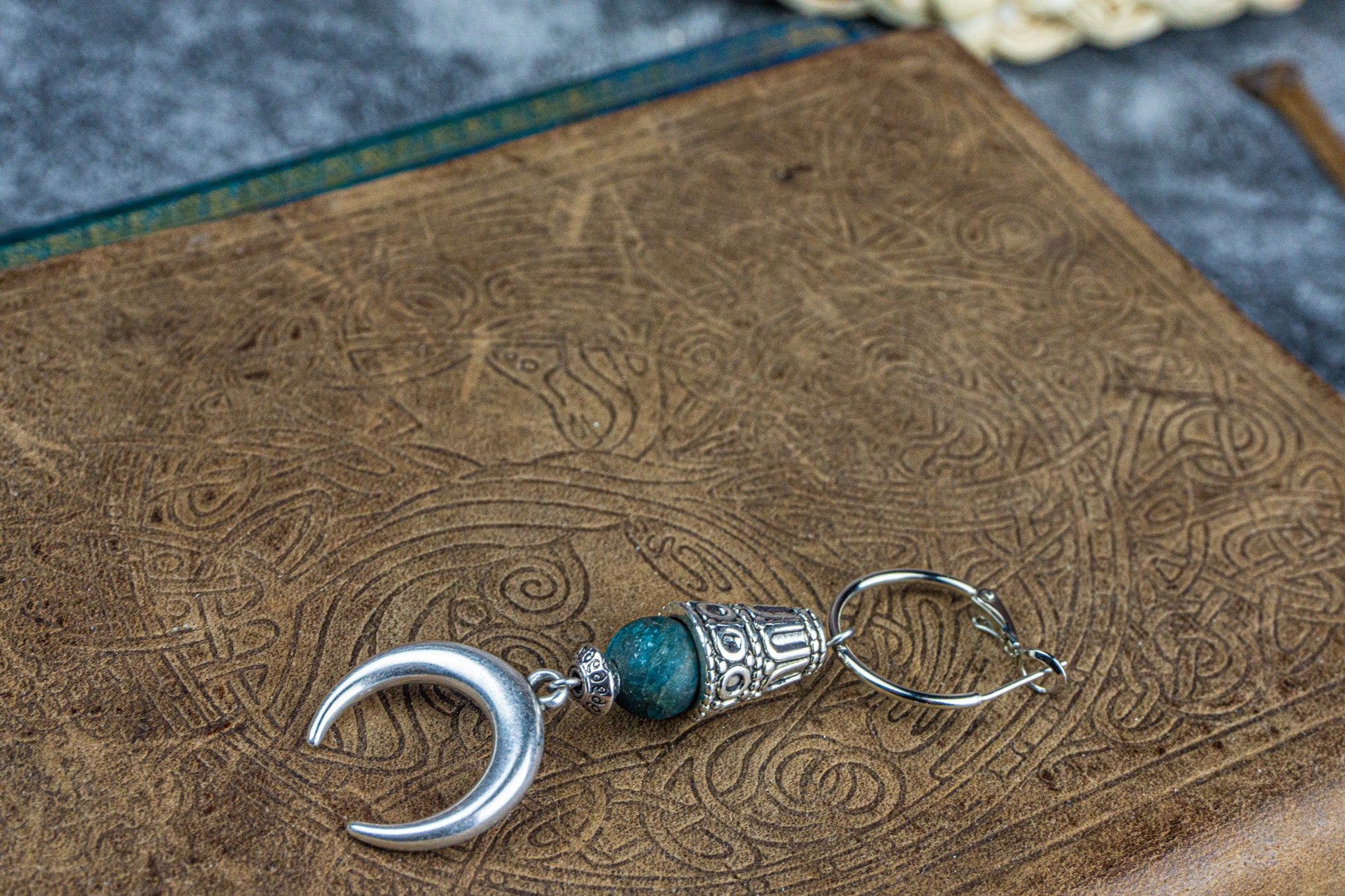 mens silver crescent moon dangle hoop earring with apatite gemstone bead