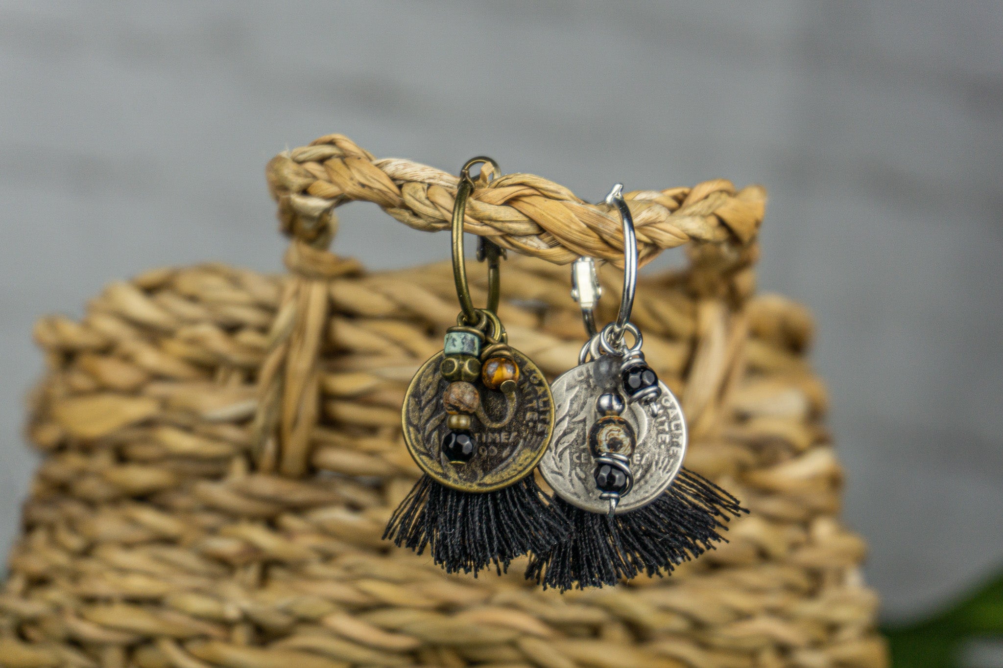 tassel  coin beaded dangle hoop earring, silver and bronze style
