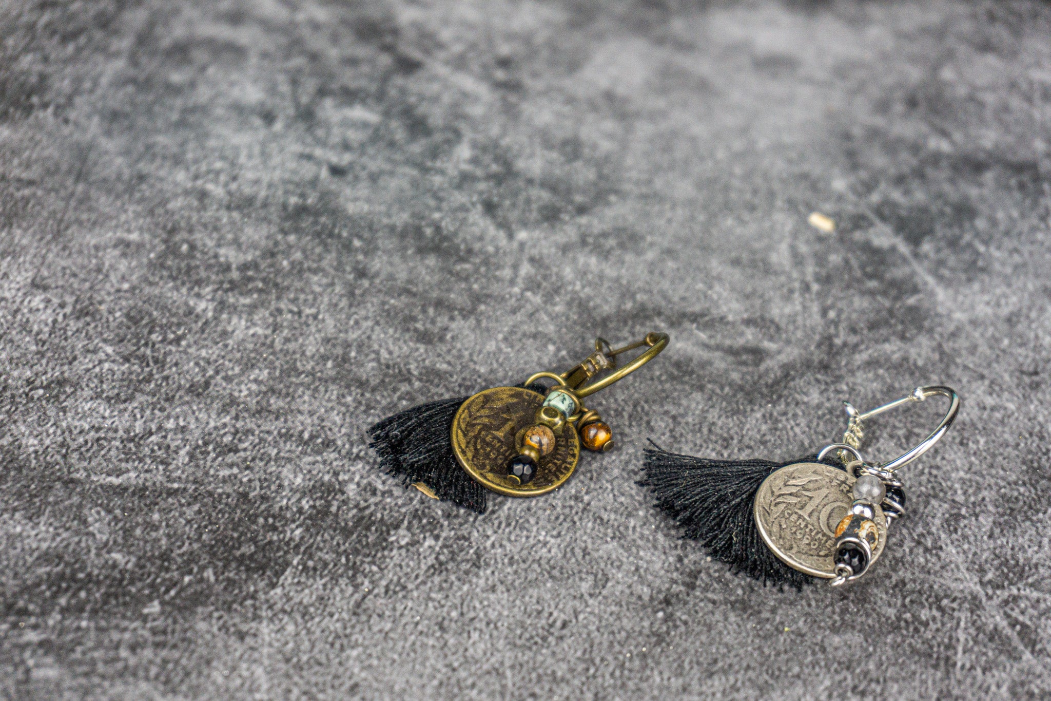tassel coin beaded dangle hoop earring, silver and bronze option