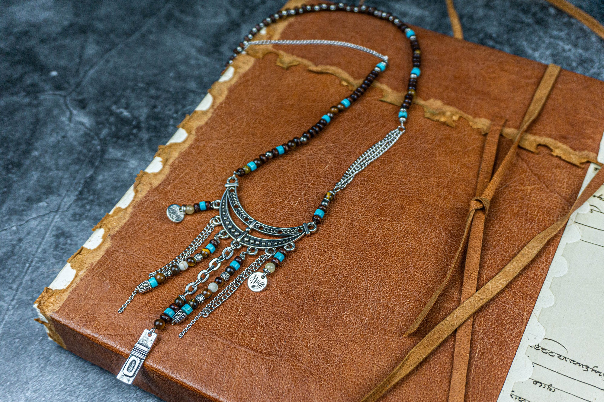 boho charm beaded and chain asymmethric necklace