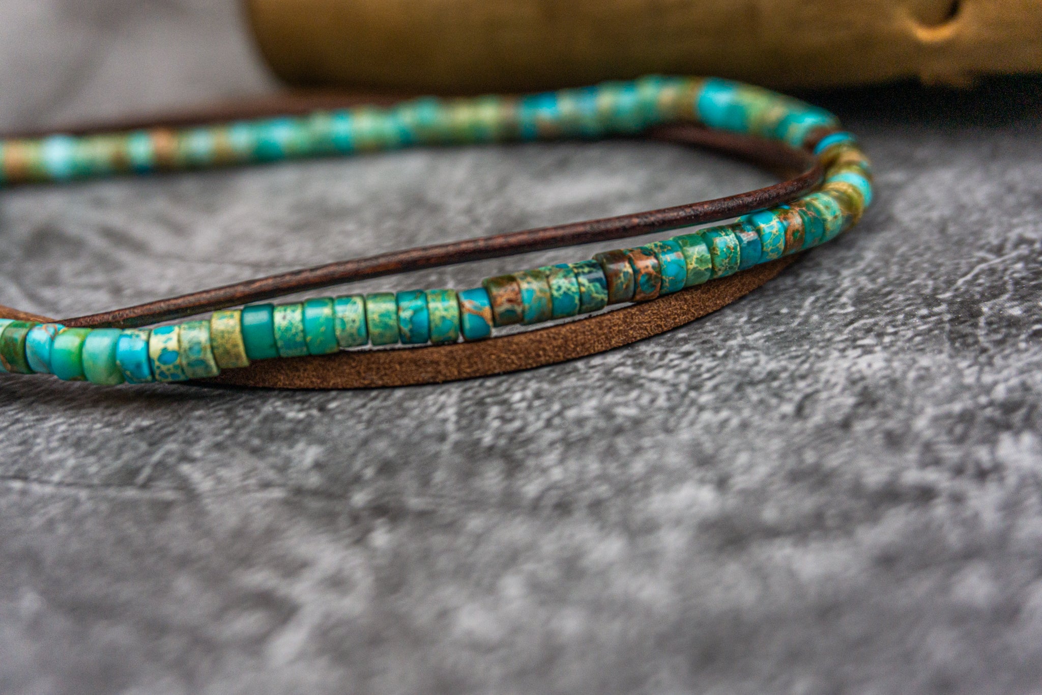 turquoise gemstone bead and leather layered summer beach anklet- wander jewellery