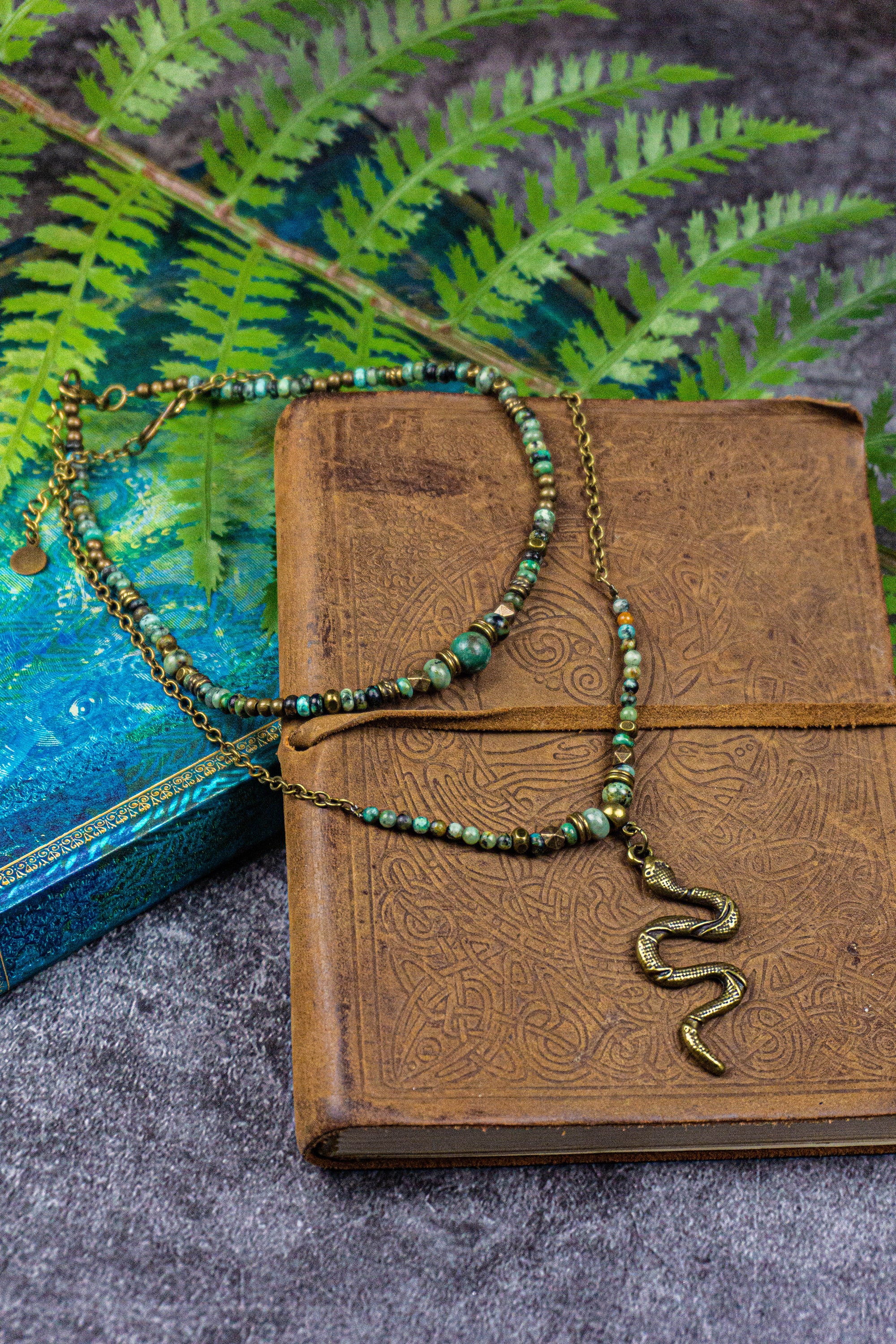 boho double necklace set made of green african turquoise and jade, with a snake  antique bronze pendant