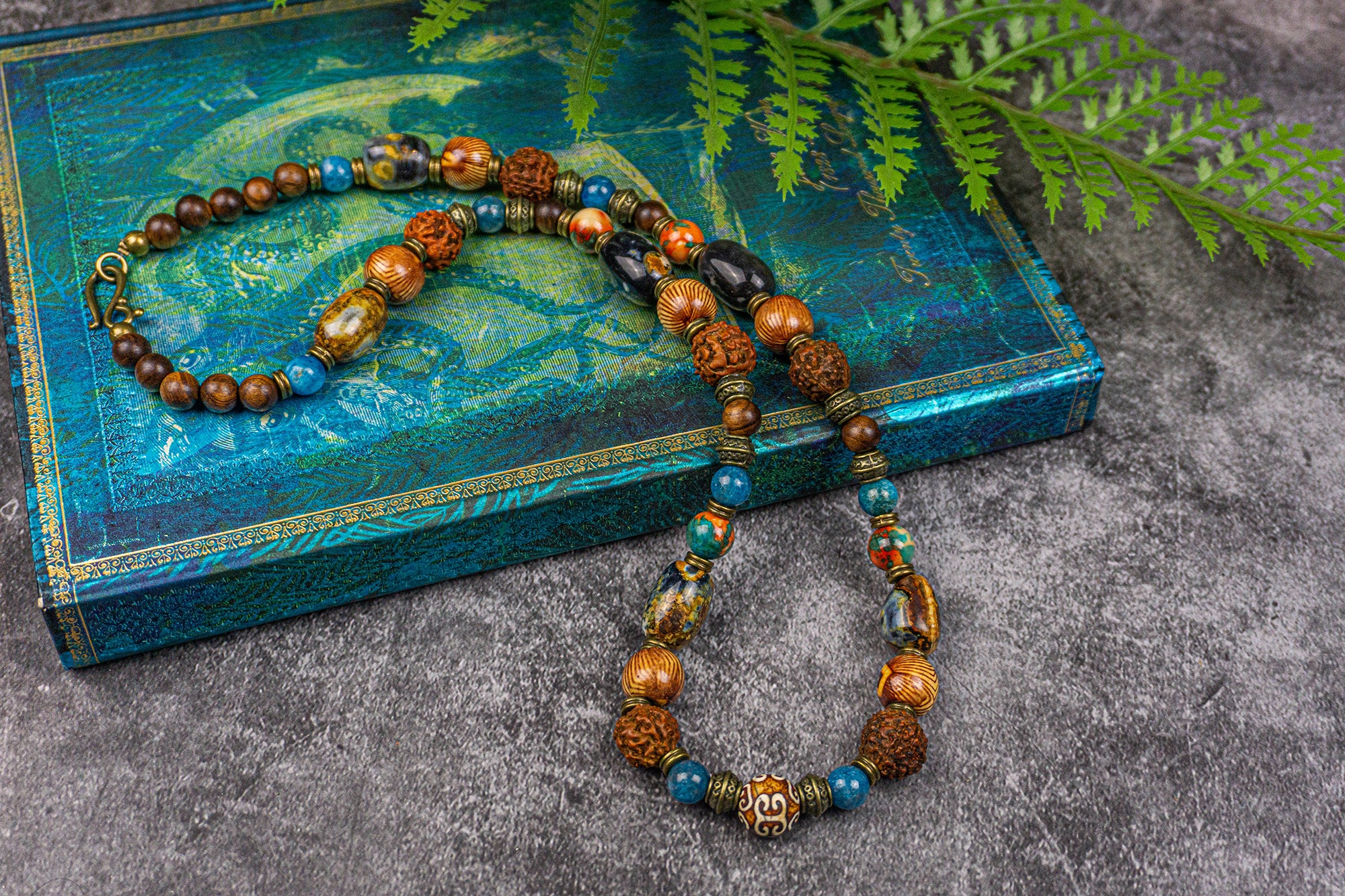 chunky multi colors and multi beads necklace made of wood, rudraksha, apatite blue gemstones, big agate fire beads and brass spacer beads- wander jewellry