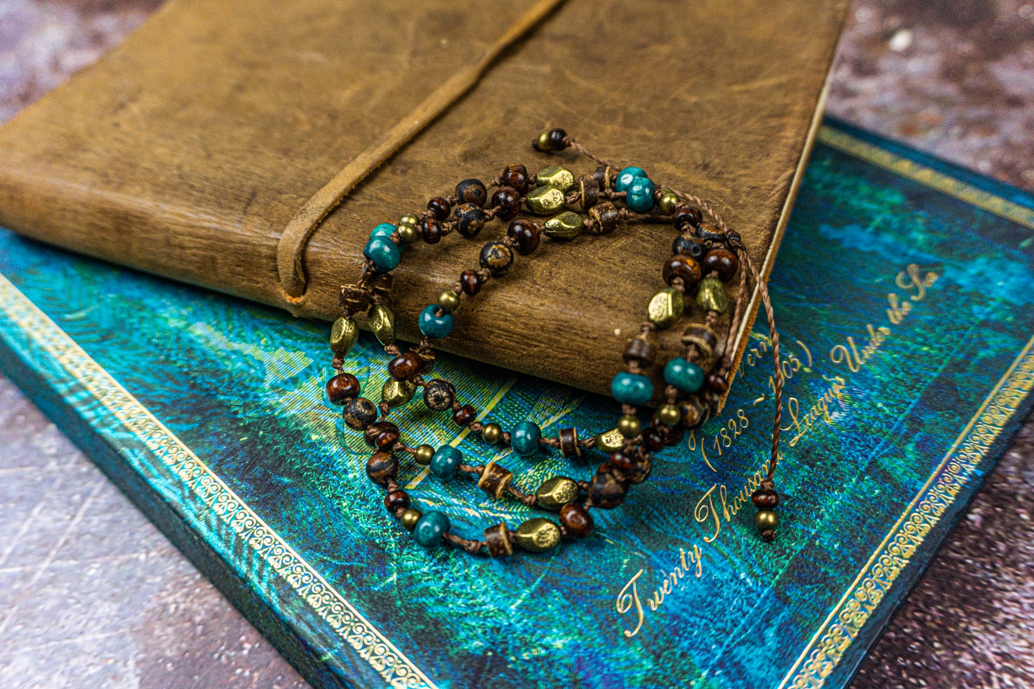 beaded multi stone boho wrap bracelet made of cord-  wander jewellery
