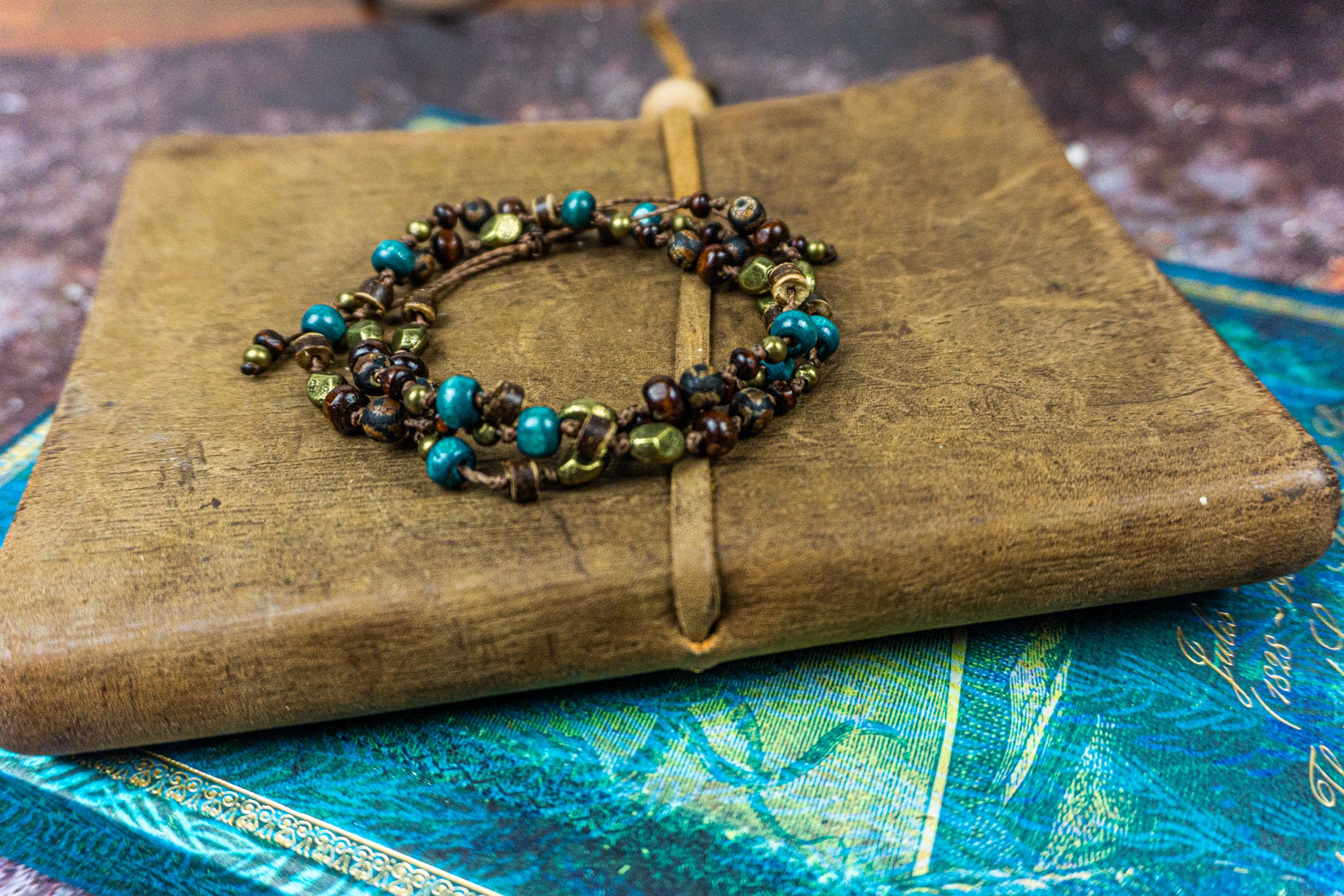 boho beaded wood gemstone and brnze beads wrap bracelet- wander jewellery